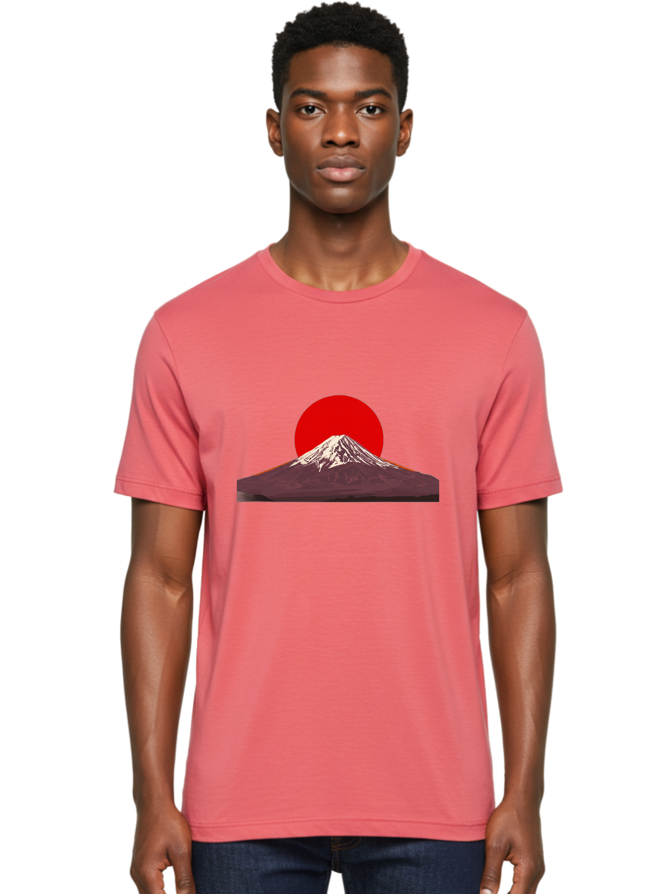 Mount-Fuji-3 Men'S Graphic Tee, 100% Cotton, Comfortable Casual Summer Wear, Machine Washable, Mount Fuji, Red Sun, Japanese Landscape, Minimalist Design, Iconic Mountain, Vibrant Colors, Serene Atmosphere, Graphic Art Bad968