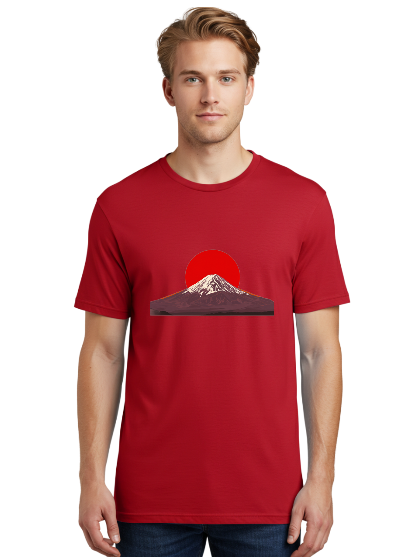 Mount-Fuji-3 Men'S Graphic Tee, 100% Cotton, Comfortable Casual Summer Wear, Machine Washable, Mount Fuji, Red Sun, Japanese Landscape, Minimalist Design, Iconic Mountain, Vibrant Colors, Serene Atmosphere, Graphic Art Bad968