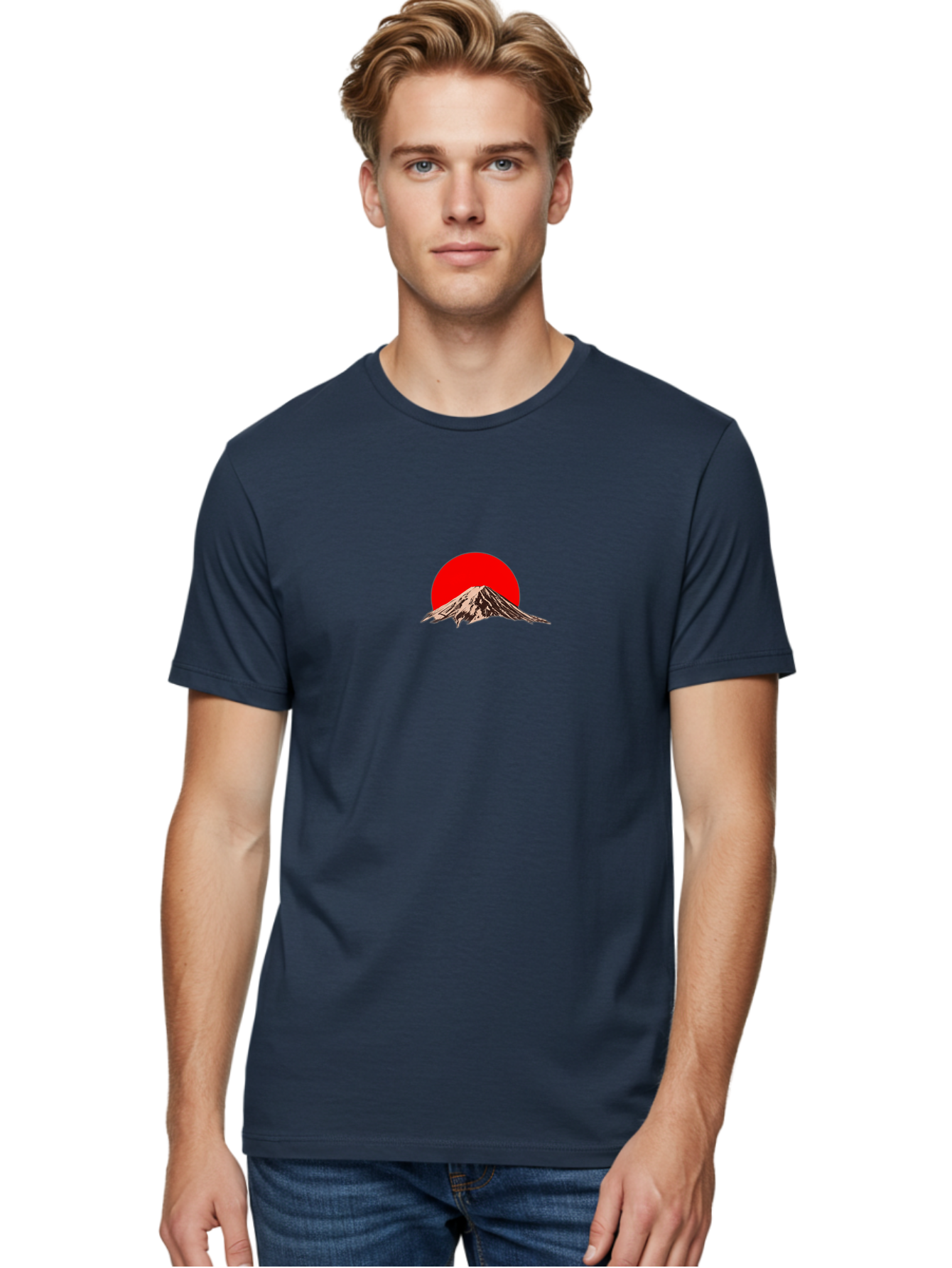 Mount-Fuji-5 Men'S Graphic Tee, 100% Cotton, Comfortable Casual Summer Wear, Machine Washable, Mount Fuji, Japanese Mountain, Iconic Landmark, Red Sun, Serene Landscape, Peaceful Atmosphere, Traditional Japan, Cultural Heritage, Bad970