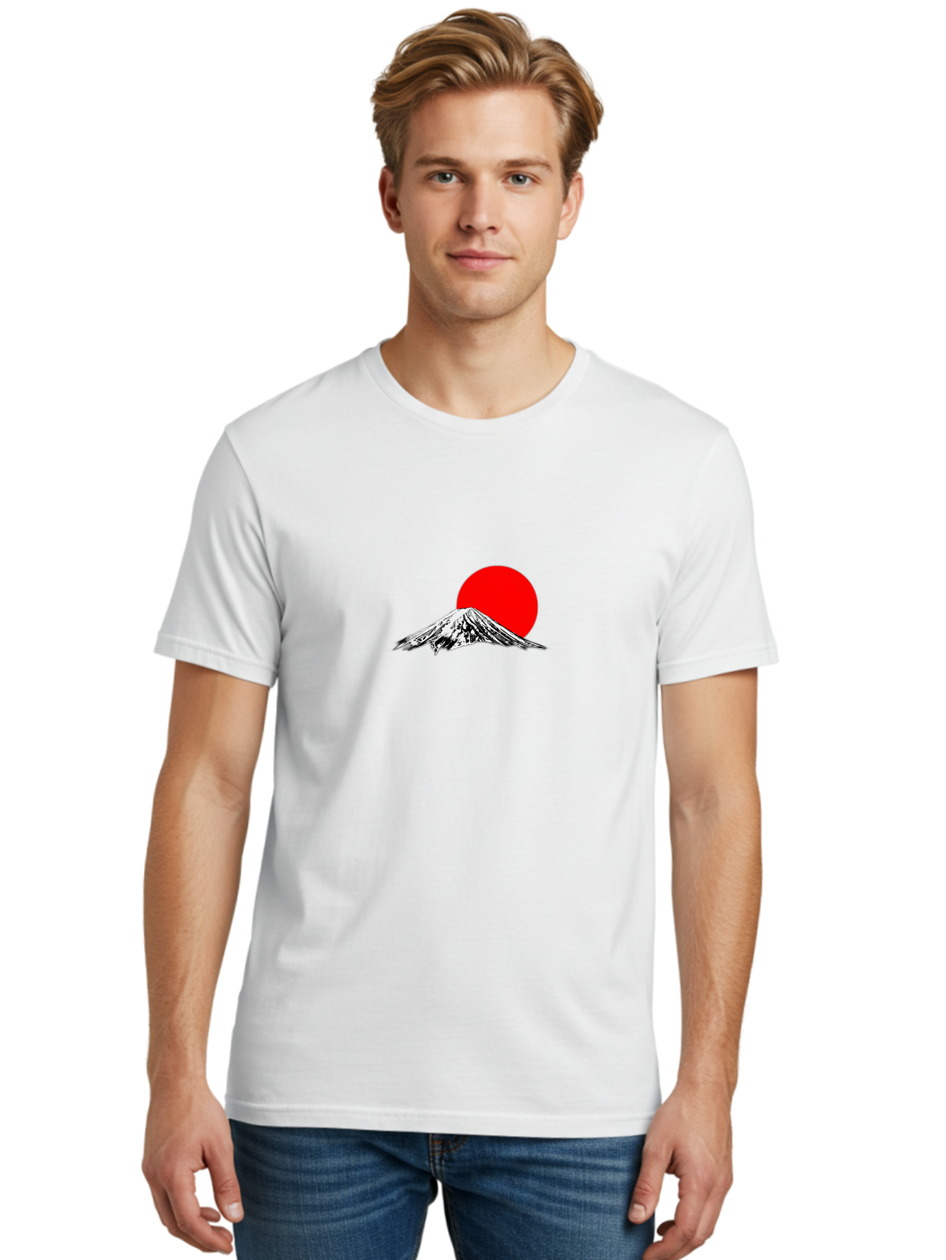 Mount-Fuji-6 Men'S Graphic Tee, 100% Cotton, Comfortable Casual Summer Wear, Machine Washable, Mount Fuji Illustration, Red Sun, Minimalist Design, Japanese Culture, Iconic Landmarks, Black And White Graphics, Simple Shapes, Bold Colors, Bad971