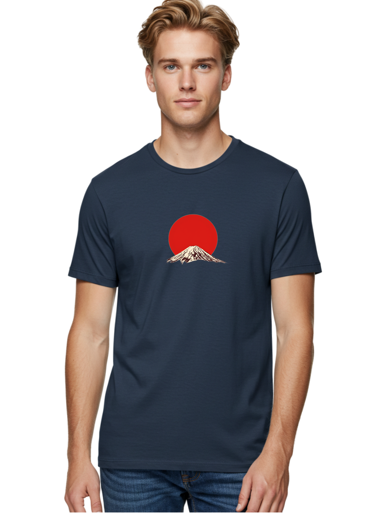 Mount-Fuji-7 Men'S Graphic Tee, 100% Cotton, Comfortable Casual Summer Wear, Machine Washable, Mount Fuji, Red Sun, Japanese Mountain, Iconic Landmark, Serene Landscape, Snow-Capped Peak, Minimalist Design, Bold Colors Bad972