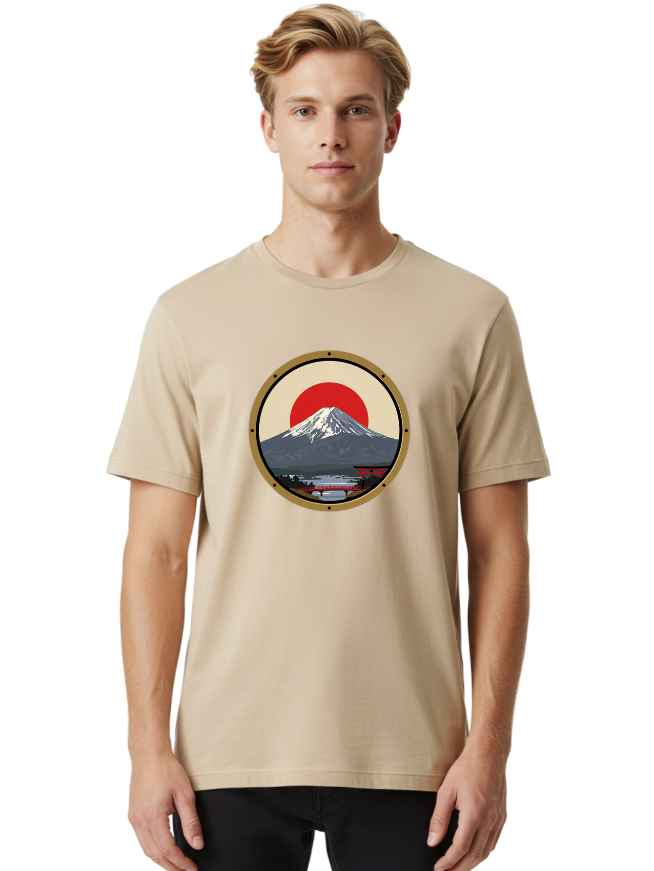 Mount-Fuji-8 Men'S Graphic Tee, 100% Cotton, Comfortable Casual Summer Wear, Machine Washable, Mount Fuji Landscape, Red Torii Gate, Serene Lake, Japanese Scenery, Red Bridge, Sunrise, Iconic Landmark, Beautiful Mountain Bad973