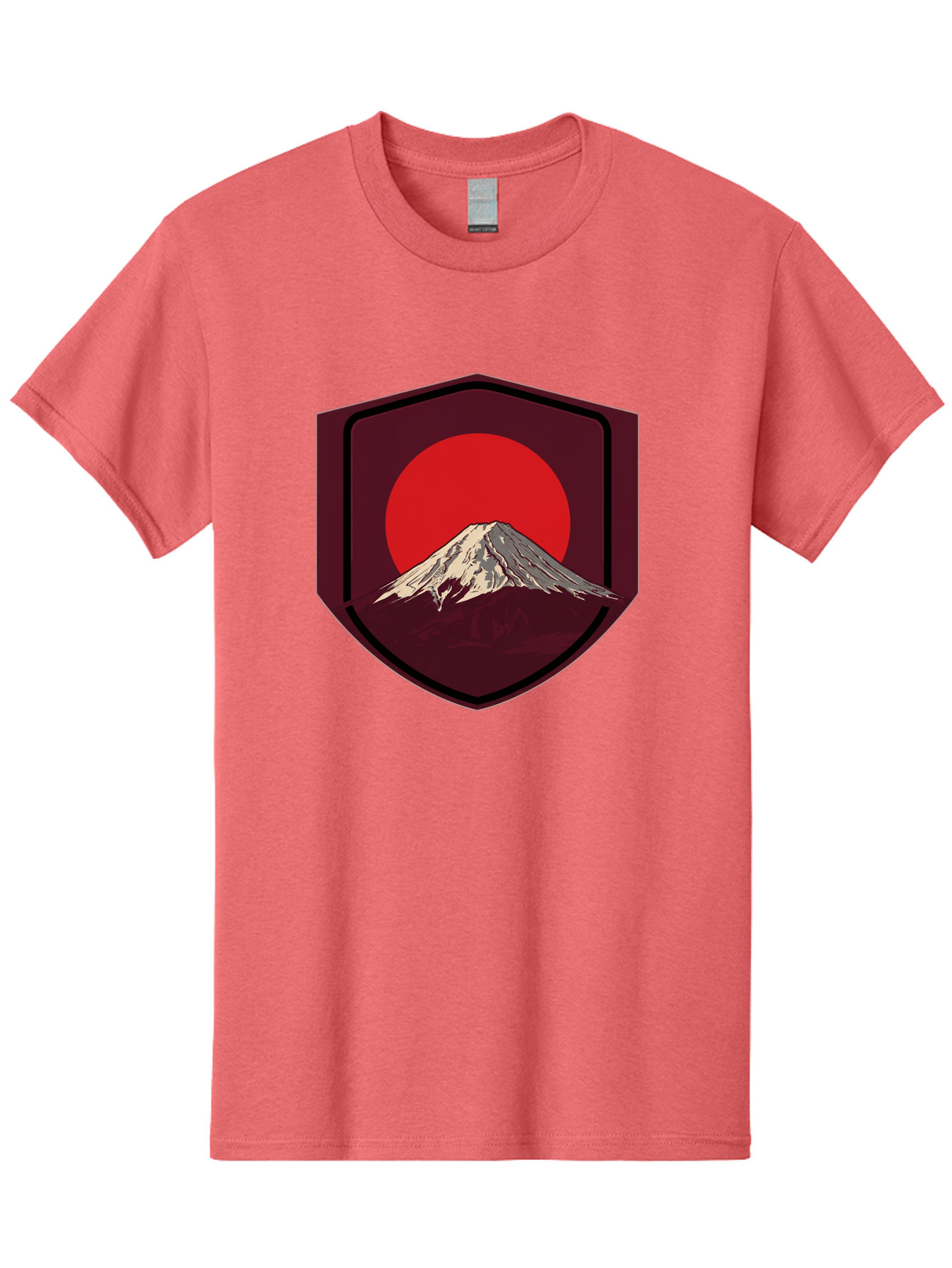 Mount-Fuji-Badge Men'S Graphic Tee, 100% Cotton, Comfortable Casual Summer Wear, Machine Washable, Mount Fuji, Japanese Mountain, Red Sun, Shield Emblem, Mountain Landscape, Japanese Culture, Iconic Symbol, Graphic Design, Red Circle Bad975