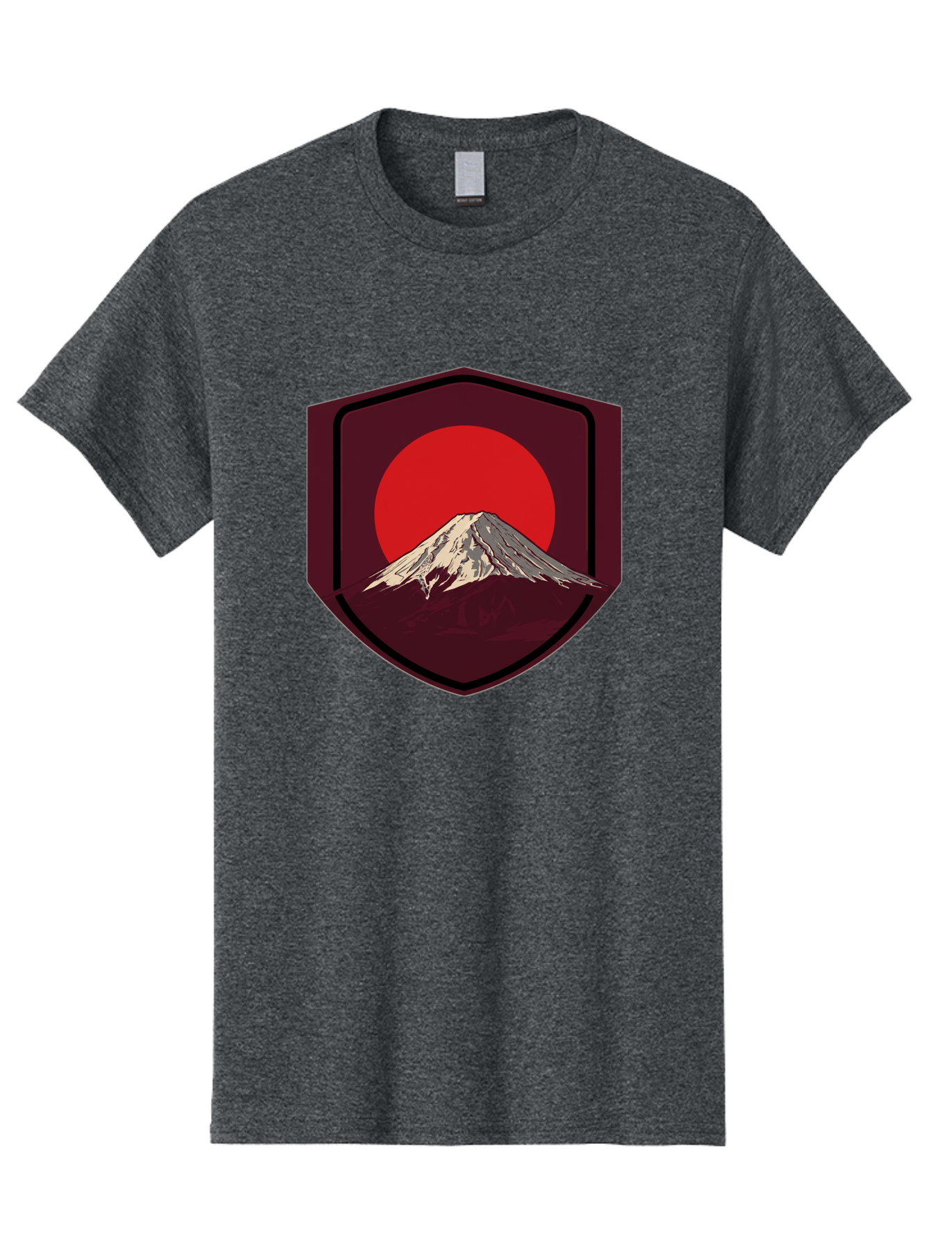 Mount-Fuji-Badge Men'S Graphic Tee, 100% Cotton, Comfortable Casual Summer Wear, Machine Washable, Mount Fuji, Japanese Mountain, Red Sun, Shield Emblem, Mountain Landscape, Japanese Culture, Iconic Symbol, Graphic Design, Red Circle Bad975