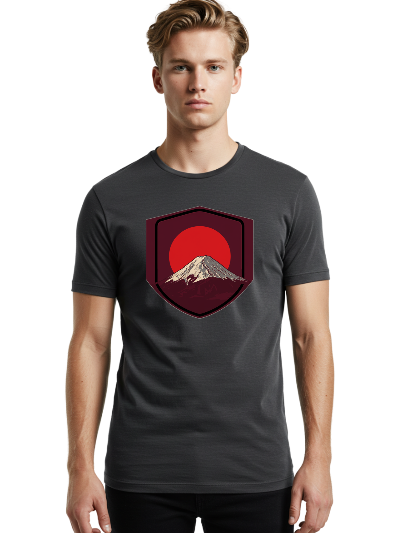 Mount-Fuji-Badge Men'S Graphic Tee, 100% Cotton, Comfortable Casual Summer Wear, Machine Washable, Mount Fuji, Japanese Mountain, Red Sun, Shield Emblem, Mountain Landscape, Japanese Culture, Iconic Symbol, Graphic Design, Red Circle Bad975
