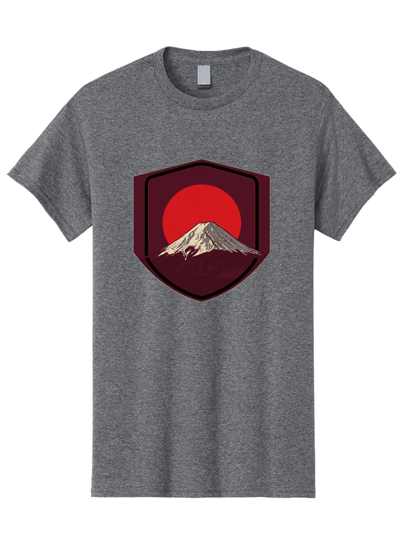 Mount-Fuji-Badge Men'S Graphic Tee, 100% Cotton, Comfortable Casual Summer Wear, Machine Washable, Mount Fuji, Japanese Mountain, Red Sun, Shield Emblem, Mountain Landscape, Japanese Culture, Iconic Symbol, Graphic Design, Red Circle Bad975