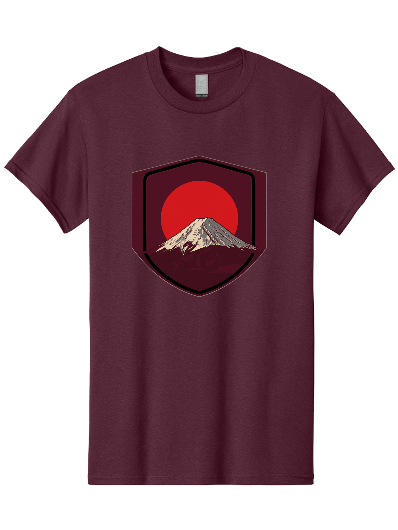Mount-Fuji-Badge Men'S Graphic Tee, 100% Cotton, Comfortable Casual Summer Wear, Machine Washable, Mount Fuji, Japanese Mountain, Red Sun, Shield Emblem, Mountain Landscape, Japanese Culture, Iconic Symbol, Graphic Design, Red Circle Bad975