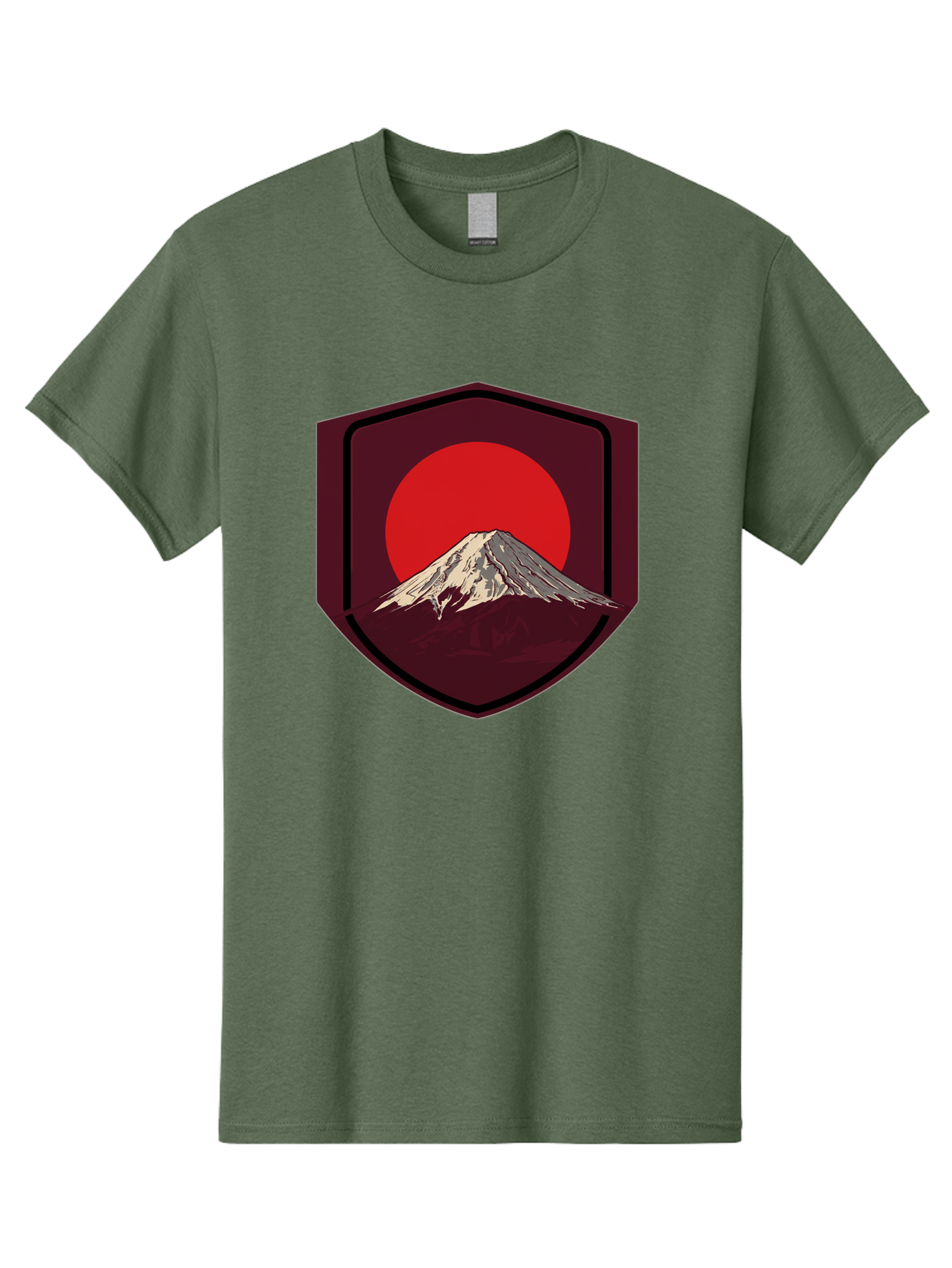 Mount-Fuji-Badge Men'S Graphic Tee, 100% Cotton, Comfortable Casual Summer Wear, Machine Washable, Mount Fuji, Japanese Mountain, Red Sun, Shield Emblem, Mountain Landscape, Japanese Culture, Iconic Symbol, Graphic Design, Red Circle Bad975