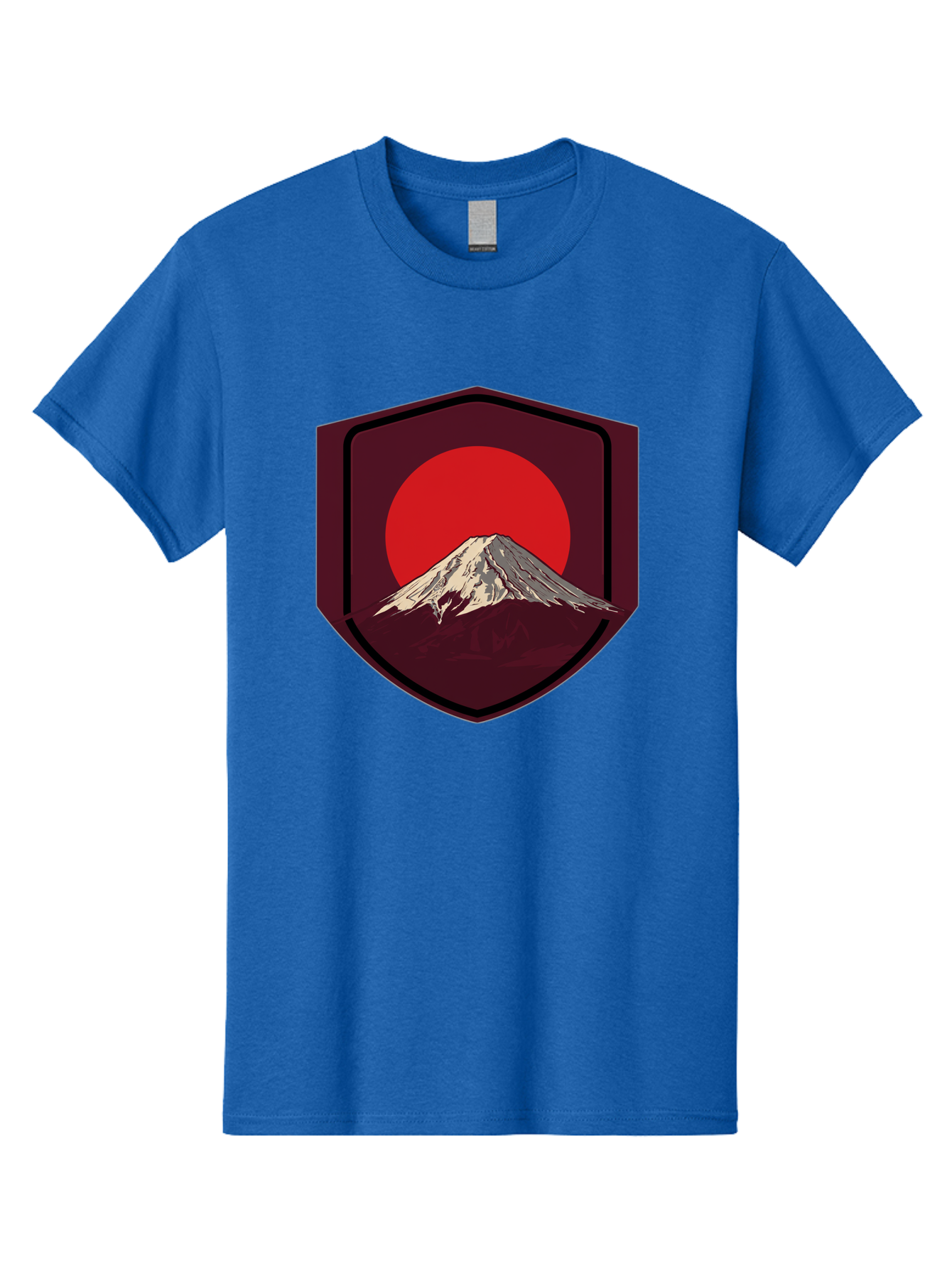 Mount-Fuji-Badge Men'S Graphic Tee, 100% Cotton, Comfortable Casual Summer Wear, Machine Washable, Mount Fuji, Japanese Mountain, Red Sun, Shield Emblem, Mountain Landscape, Japanese Culture, Iconic Symbol, Graphic Design, Red Circle Bad975