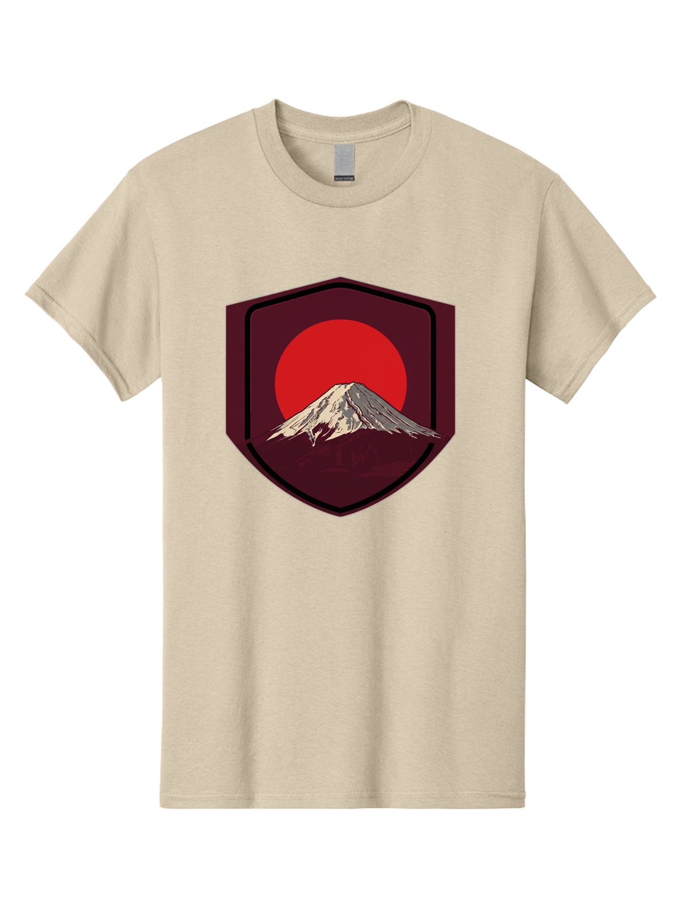 Mount-Fuji-Badge Men'S Graphic Tee, 100% Cotton, Comfortable Casual Summer Wear, Machine Washable, Mount Fuji, Japanese Mountain, Red Sun, Shield Emblem, Mountain Landscape, Japanese Culture, Iconic Symbol, Graphic Design, Red Circle Bad975