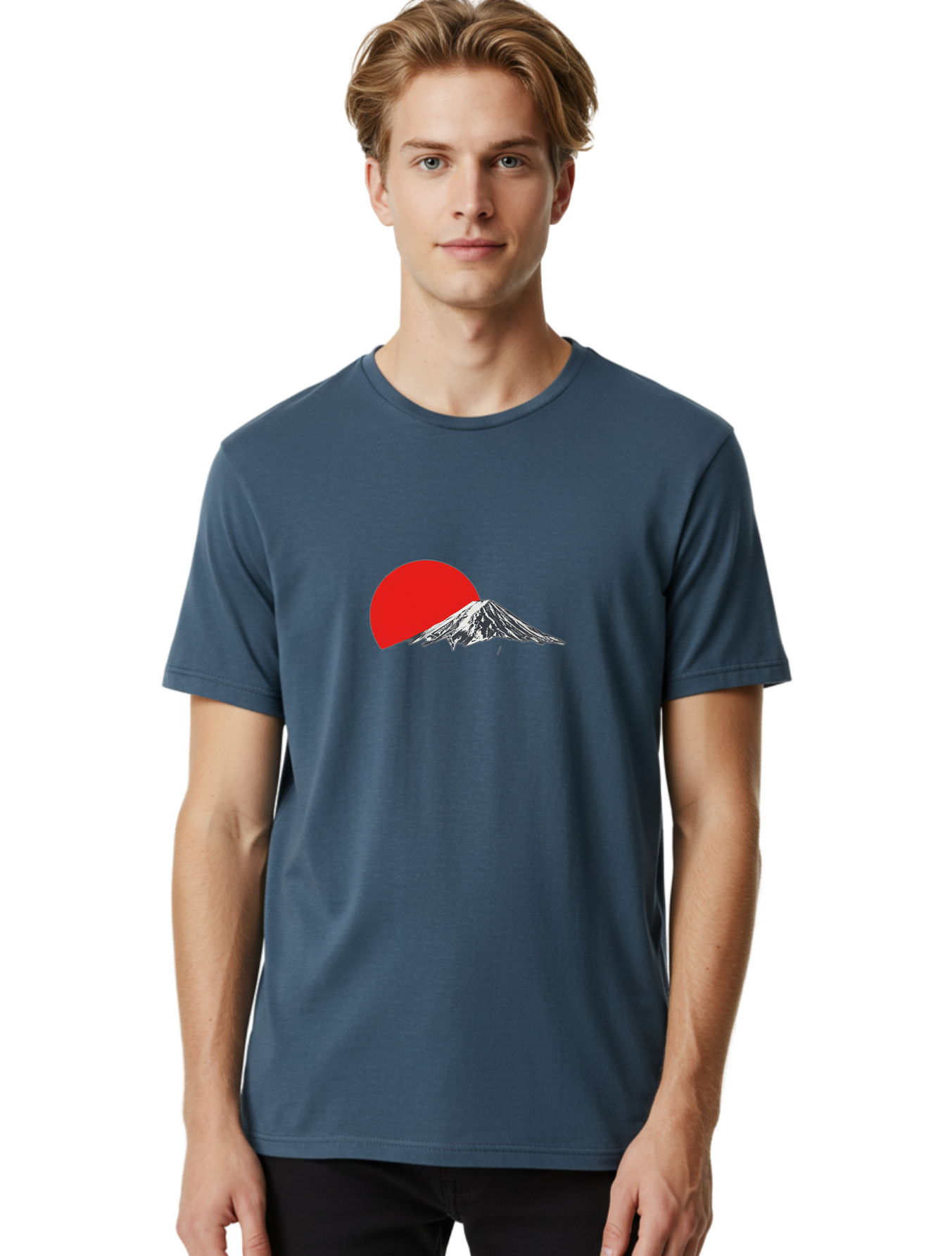 Mount-Fuji-Sunset Men'S Graphic Tee, 100% Cotton, Comfortable Casual Summer Wear, Machine Washable, Mount Fuji Landscape, Red Sun, Mountain Scenery, Serene Landscape, Japanese Culture, Iconic Landmark, Minimalist Design, Simple Art Bad976