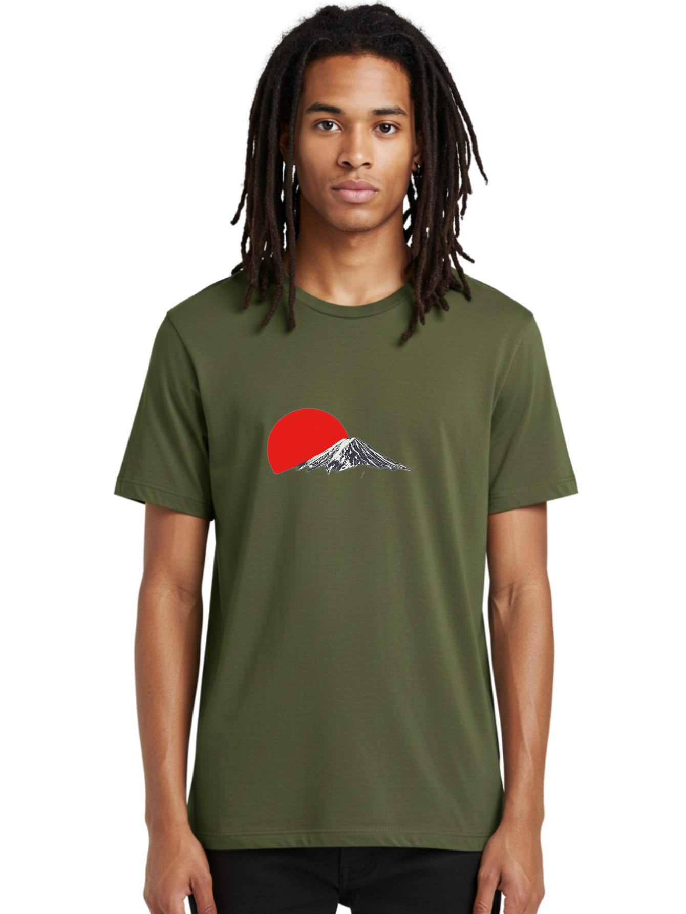 Mount-Fuji-Sunset Men'S Graphic Tee, 100% Cotton, Comfortable Casual Summer Wear, Machine Washable, Mount Fuji Landscape, Red Sun, Mountain Scenery, Serene Landscape, Japanese Culture, Iconic Landmark, Minimalist Design, Simple Art Bad976
