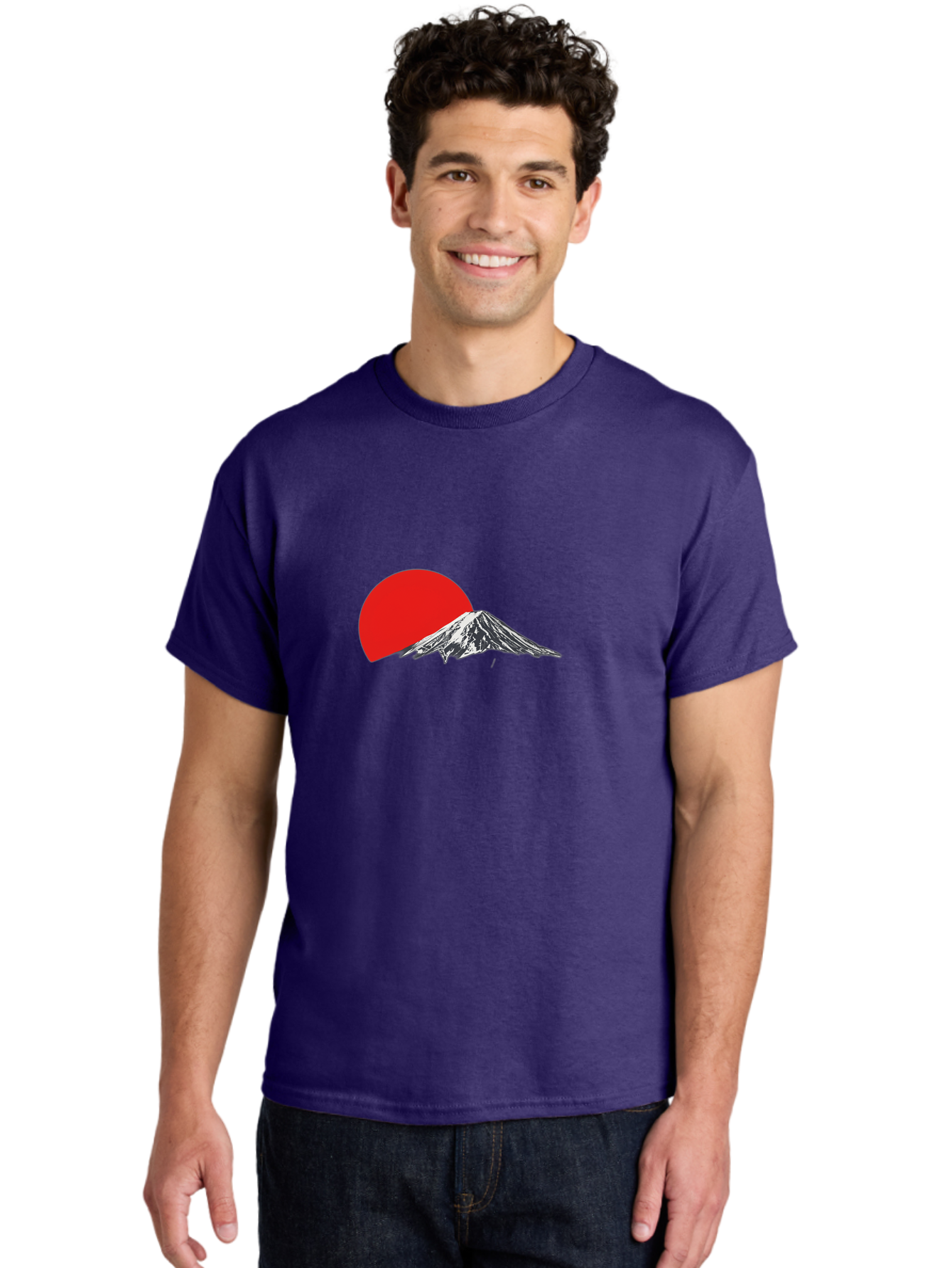 Mount-Fuji-Sunset Men'S Graphic Tee, 100% Cotton, Comfortable Casual Summer Wear, Machine Washable, Mount Fuji Landscape, Red Sun, Mountain Scenery, Serene Landscape, Japanese Culture, Iconic Landmark, Minimalist Design, Simple Art Bad976