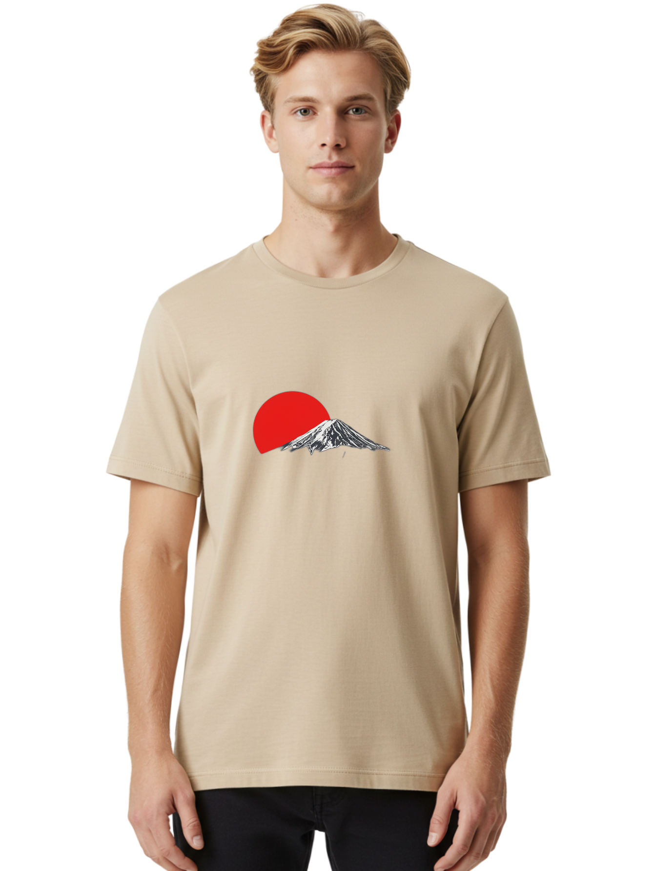 Mount-Fuji-Sunset Men'S Graphic Tee, 100% Cotton, Comfortable Casual Summer Wear, Machine Washable, Mount Fuji Landscape, Red Sun, Mountain Scenery, Serene Landscape, Japanese Culture, Iconic Landmark, Minimalist Design, Simple Art Bad976