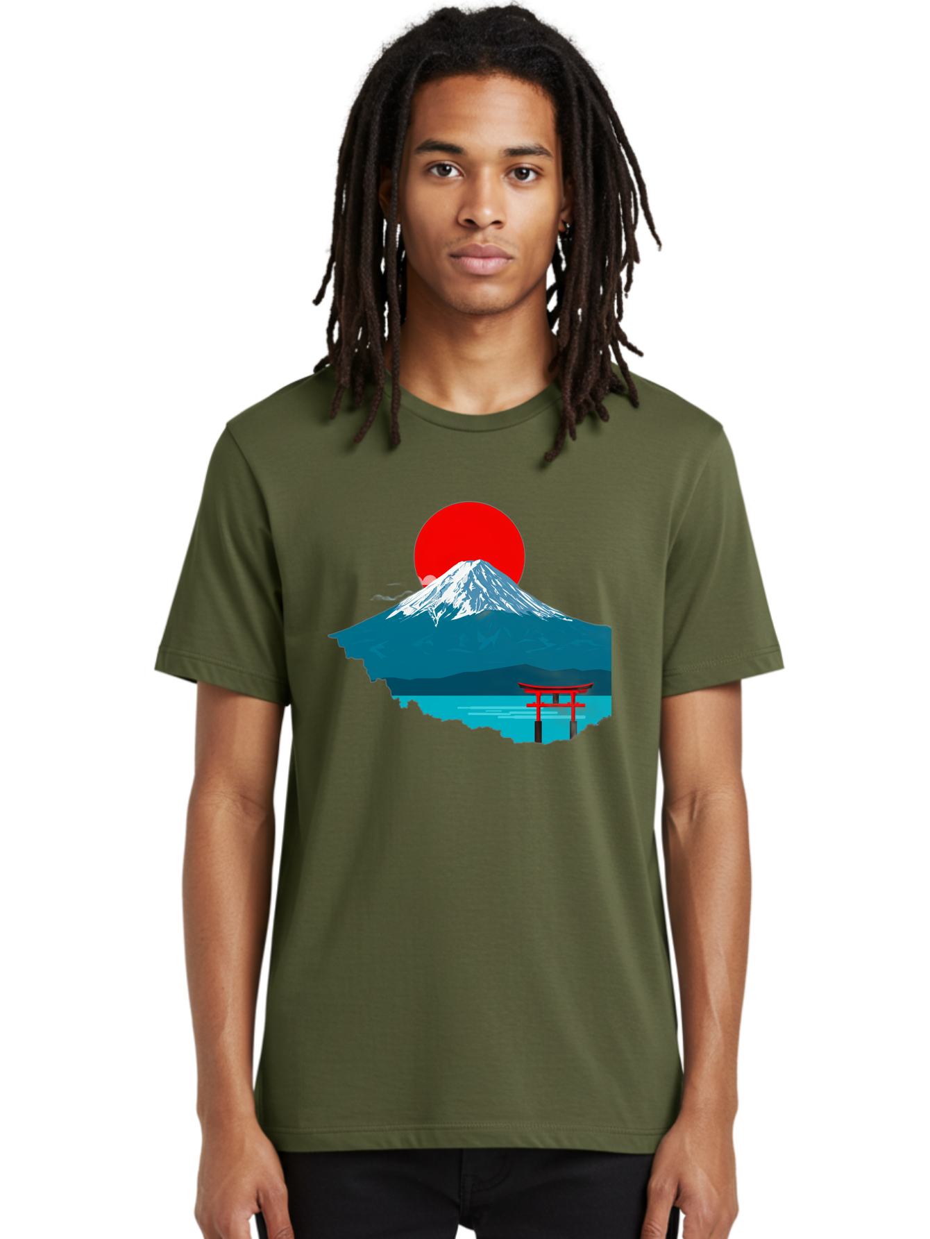 Mount-Fuji-Torii Men'S Graphic Tee, 100% Cotton, Comfortable Casual Summer Wear, Machine Washable, Mount Fuji Landscape, Japanese Scenery, Torii Gate, Red Sun, Serene Lake, Snowy Mountain, Traditional Japan, Vibrant Colors, Iconic Landmarks, Bad977