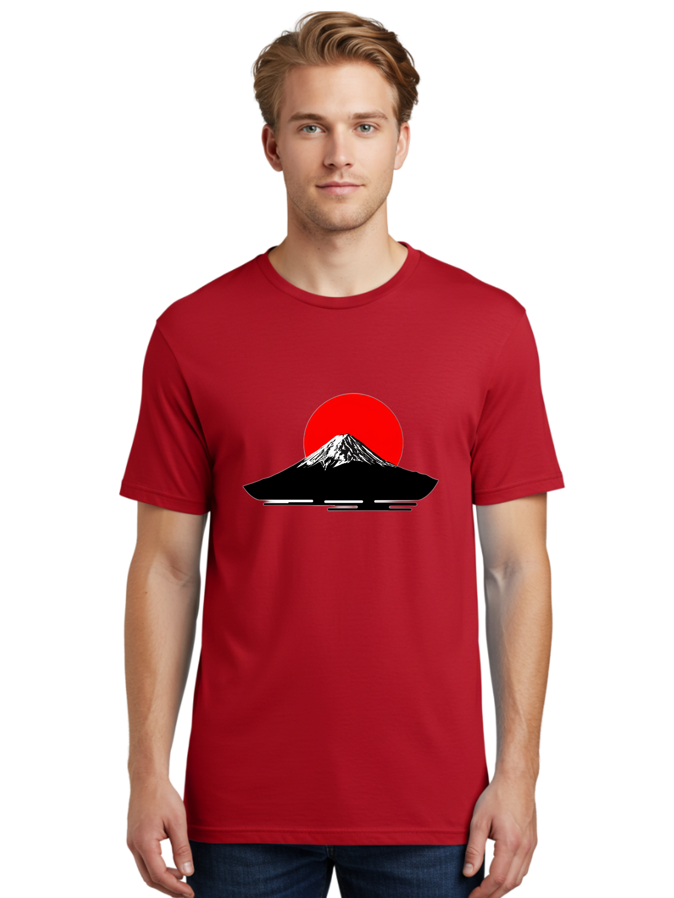 Mount-Fuji Men'S Graphic Tee, 100% Cotton, Comfortable Casual Summer Wear, Machine Washable, Mount Fuji Landscape, Red Sun, Minimalist Design, Iconic Mountain, Japanese Scenery, Striking Silhouette, Simple Shapes, Bold Colors Bad978