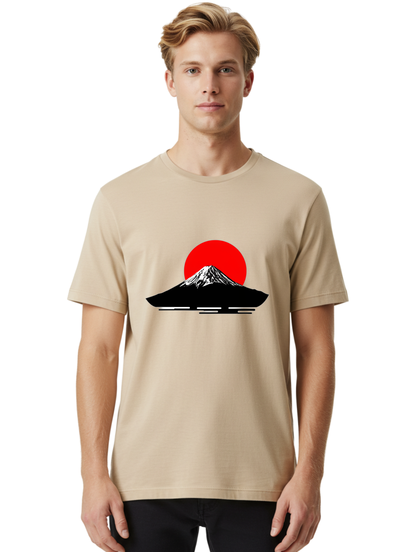 Mount-Fuji Men'S Graphic Tee, 100% Cotton, Comfortable Casual Summer Wear, Machine Washable, Mount Fuji Landscape, Red Sun, Minimalist Design, Iconic Mountain, Japanese Scenery, Striking Silhouette, Simple Shapes, Bold Colors Bad978