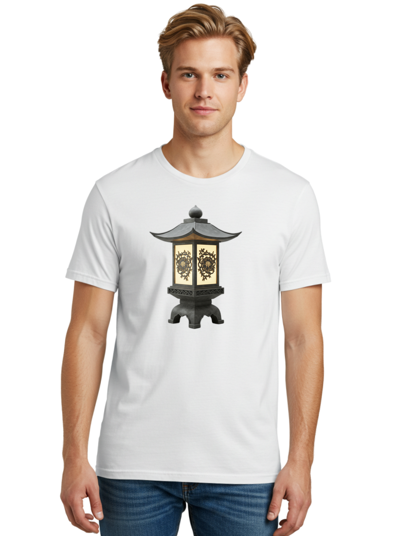 Pagoda-Lantern Men'S Graphic Tee, 100% Cotton, Comfortable Casual Summer Wear, Machine Washable, Outdoor Lantern, Asian-Inspired Decor, Decorative Metalwork, Intricate Designs, Traditional Pagoda-Style Roof, Ambient Lighting, Garden Decor, Bad981