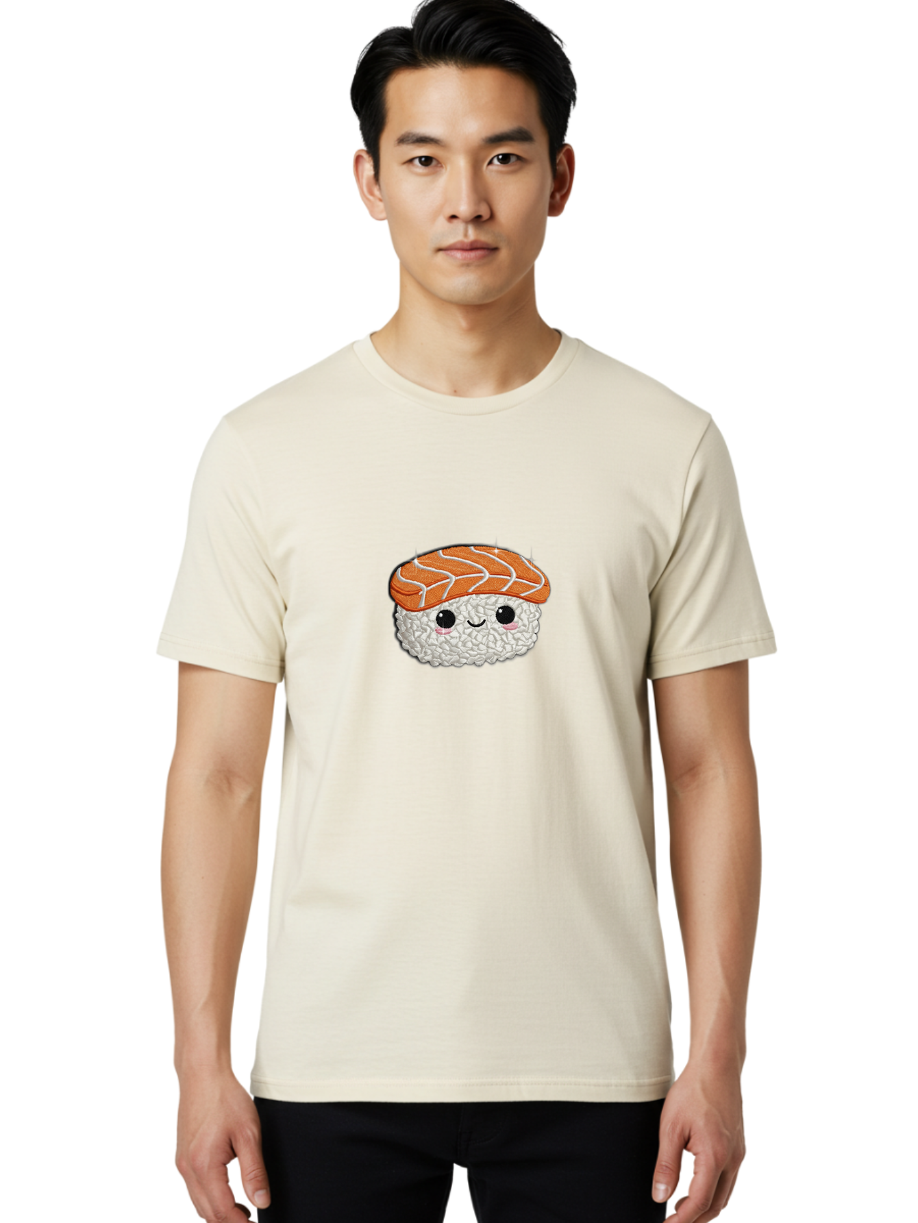 Salmon-Sushi-3 Men'S Graphic Tee, 100% Cotton, Comfortable Casual Summer Wear, Machine Washable, Cartoon Sushi, Kawaii Food, Japanese Cuisine, Salmon Sushi, Cute Emoji, Sushi Illustration, Adorable Character Bad985