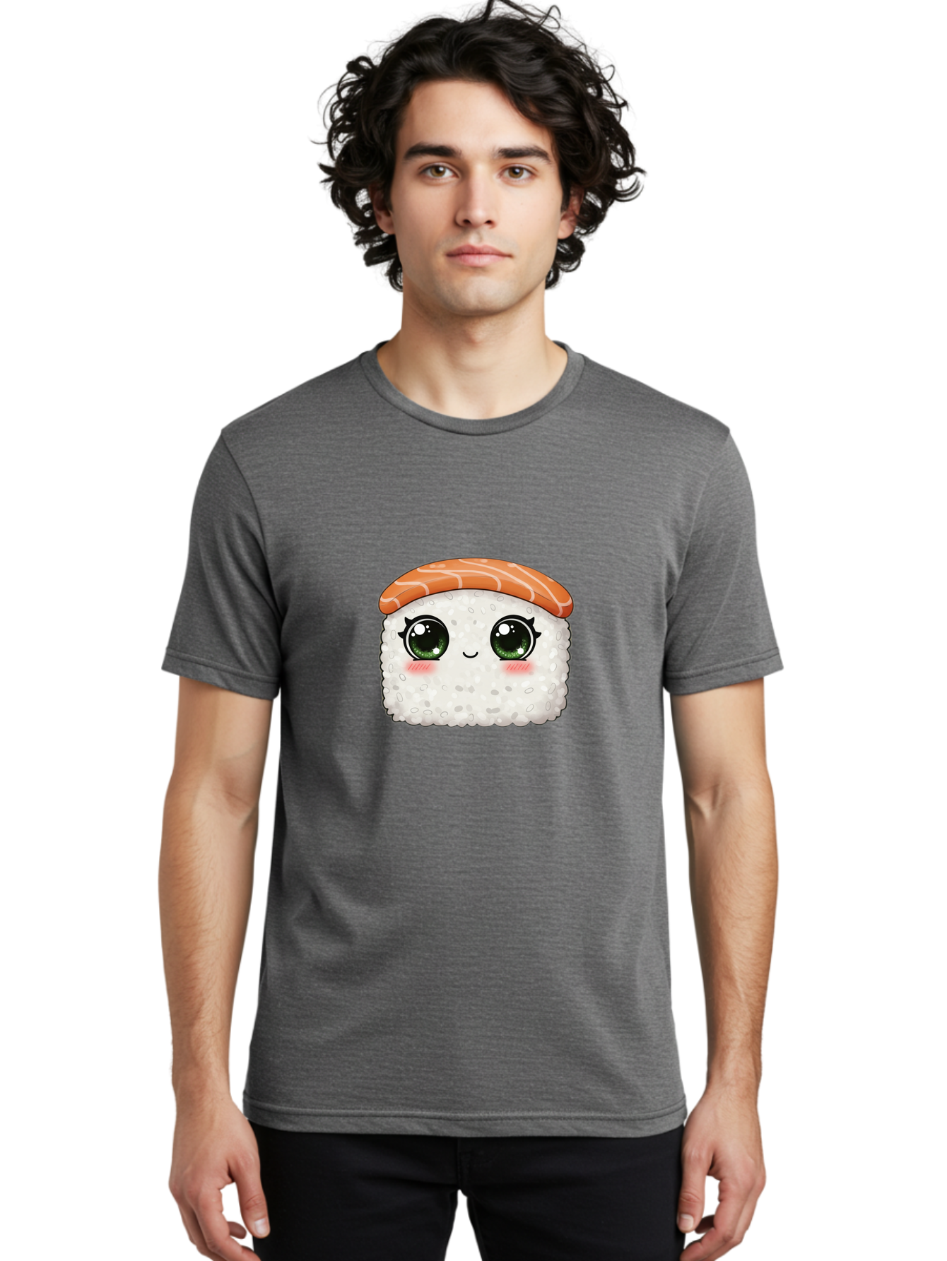 Sushi-Cartoon-Character Men'S Graphic Tee, 100% Cotton, Comfortable Casual Summer Wear, Machine Washable, Cartoon Sushi, Japanese Cuisine, Sushi Roll, Kawaii Food, Adorable Character, Green Eyes, Salmon Topping, White Rice, Cute Expression, Bad994