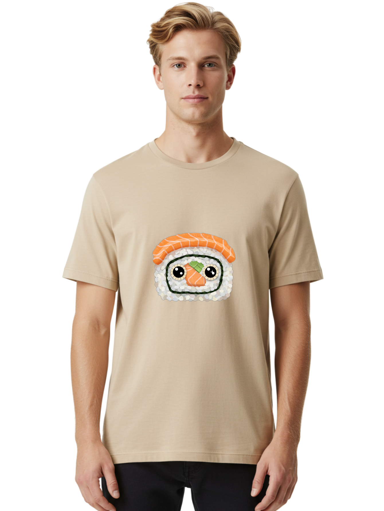 Sushi-Emoji Men'S Graphic Tee, 100% Cotton, Comfortable Casual Summer Wear, Machine Washable, Sushi With Face, Cartoon-Style Food, Kawaii Art, Sushi Roll, Anime-Inspired, Cute Illustration, Playful Design, Foodie Art Bad995
