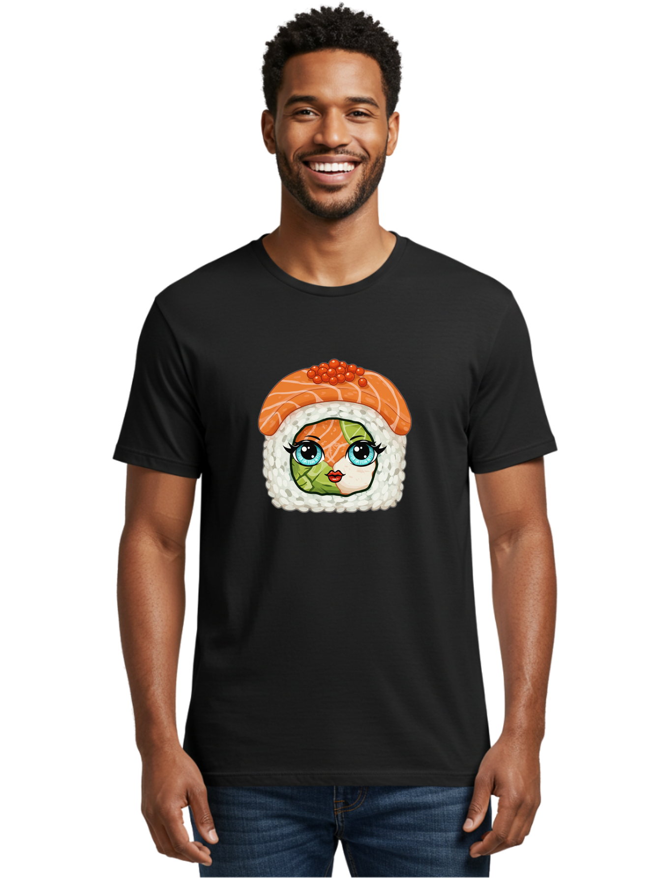 Sushi-Face Men'S Graphic Tee, 100% Cotton, Comfortable Casual Summer Wear, Machine Washable, Kawaii Sushi, Cartoon Sushi Roll, Sushi Art, Food Illustration, Sushi Character, Orange Salmon, Green Filling, Red Caviar, Blue Eyes, Cute Face Bad996