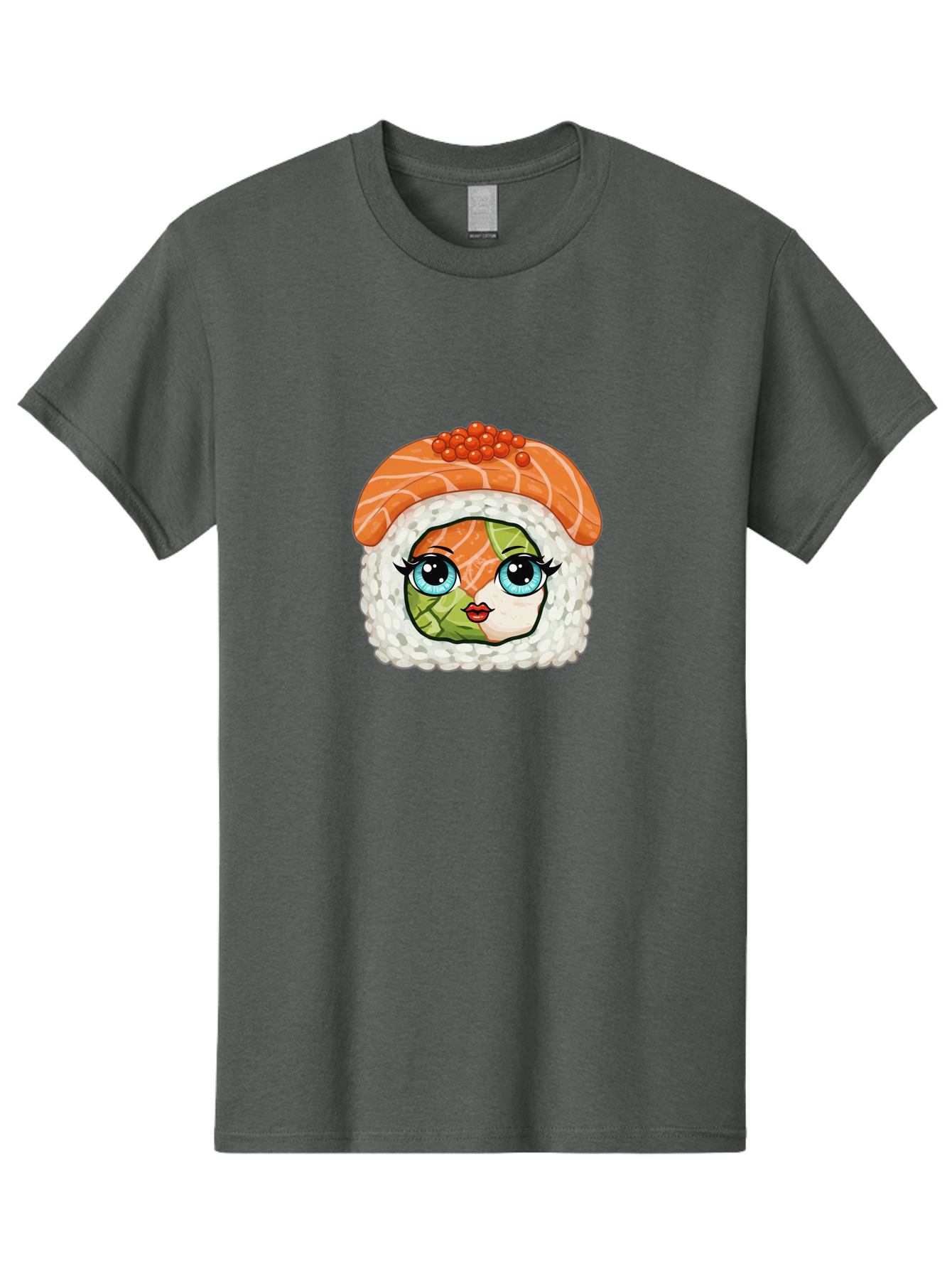 Sushi-Face Men'S Graphic Tee, 100% Cotton, Comfortable Casual Summer Wear, Machine Washable, Kawaii Sushi, Cartoon Sushi Roll, Sushi Art, Food Illustration, Sushi Character, Orange Salmon, Green Filling, Red Caviar, Blue Eyes, Cute Face Bad996