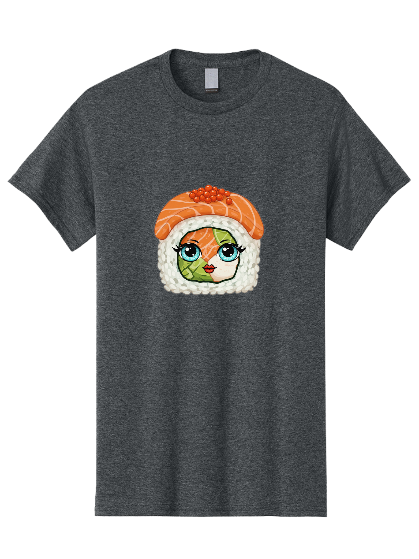 Sushi-Face Men'S Graphic Tee, 100% Cotton, Comfortable Casual Summer Wear, Machine Washable, Kawaii Sushi, Cartoon Sushi Roll, Sushi Art, Food Illustration, Sushi Character, Orange Salmon, Green Filling, Red Caviar, Blue Eyes, Cute Face Bad996