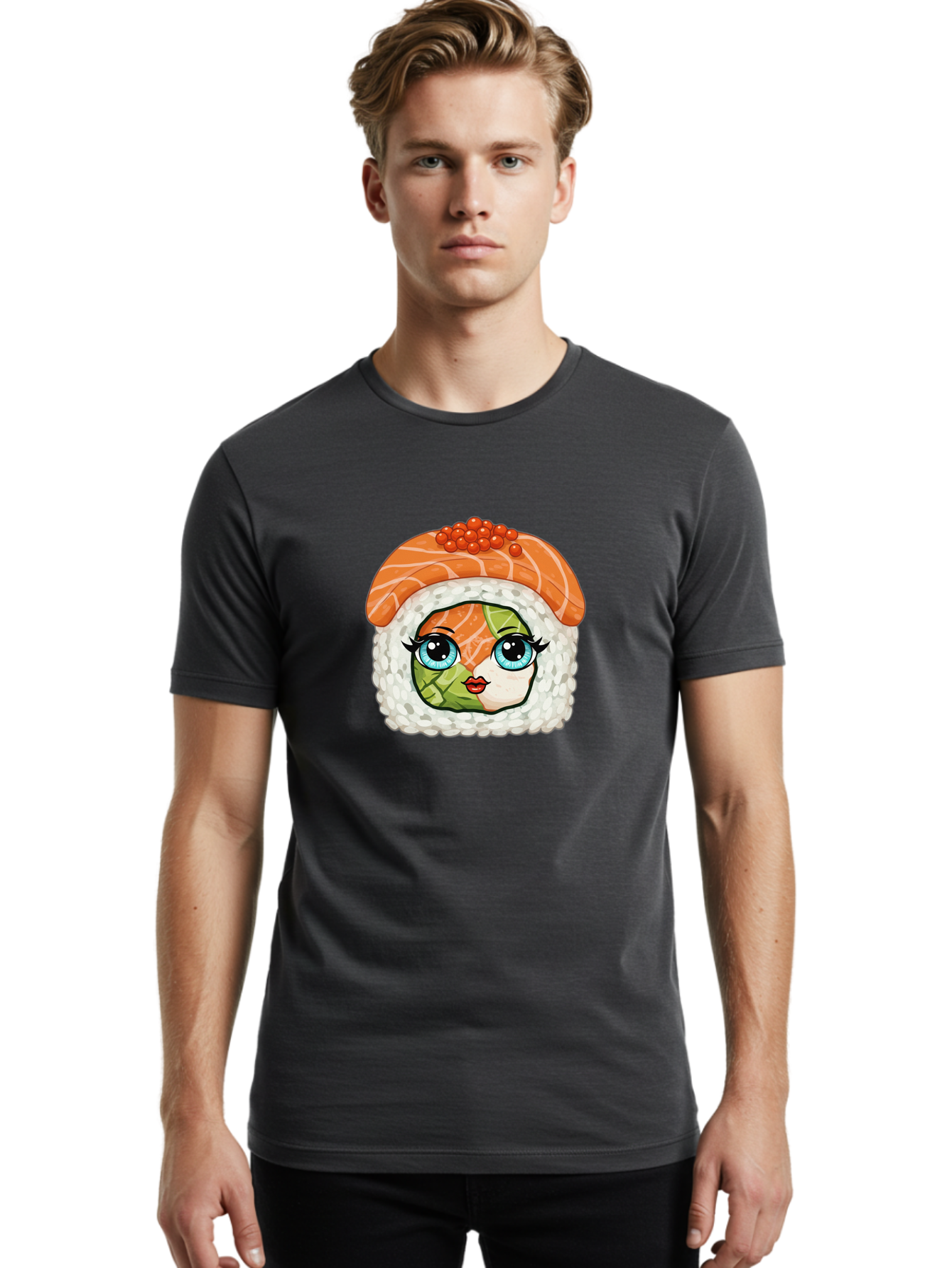 Sushi-Face Men'S Graphic Tee, 100% Cotton, Comfortable Casual Summer Wear, Machine Washable, Kawaii Sushi, Cartoon Sushi Roll, Sushi Art, Food Illustration, Sushi Character, Orange Salmon, Green Filling, Red Caviar, Blue Eyes, Cute Face Bad996