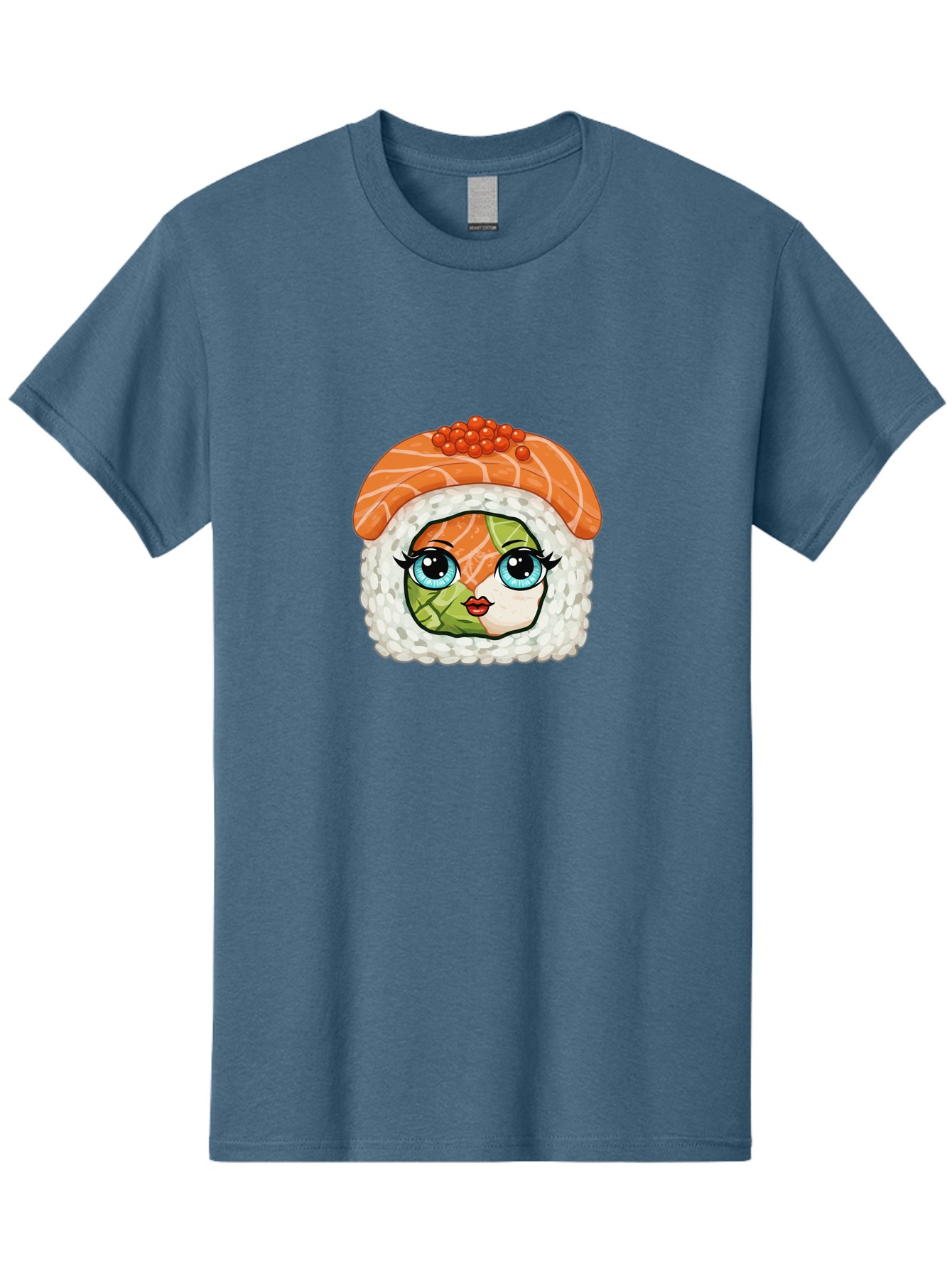 Sushi-Face Men'S Graphic Tee, 100% Cotton, Comfortable Casual Summer Wear, Machine Washable, Kawaii Sushi, Cartoon Sushi Roll, Sushi Art, Food Illustration, Sushi Character, Orange Salmon, Green Filling, Red Caviar, Blue Eyes, Cute Face Bad996