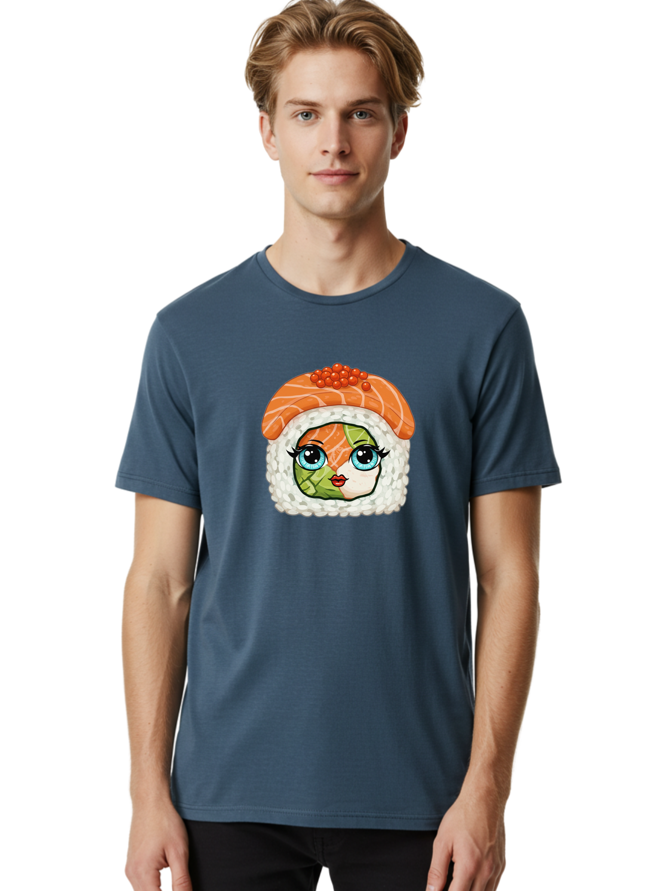 Sushi-Face Men'S Graphic Tee, 100% Cotton, Comfortable Casual Summer Wear, Machine Washable, Kawaii Sushi, Cartoon Sushi Roll, Sushi Art, Food Illustration, Sushi Character, Orange Salmon, Green Filling, Red Caviar, Blue Eyes, Cute Face Bad996