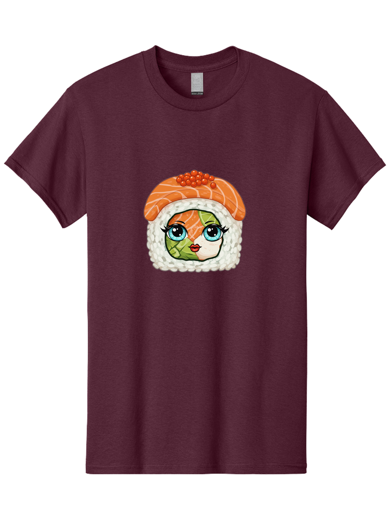 Sushi-Face Men'S Graphic Tee, 100% Cotton, Comfortable Casual Summer Wear, Machine Washable, Kawaii Sushi, Cartoon Sushi Roll, Sushi Art, Food Illustration, Sushi Character, Orange Salmon, Green Filling, Red Caviar, Blue Eyes, Cute Face Bad996