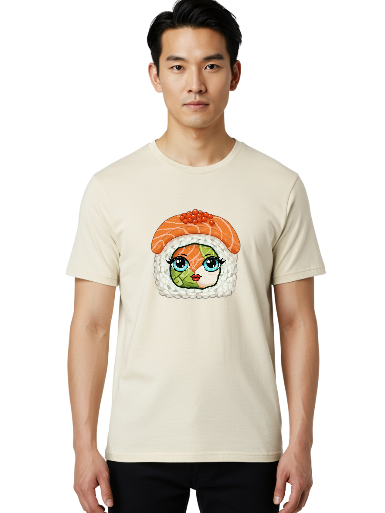 Sushi-Face Men'S Graphic Tee, 100% Cotton, Comfortable Casual Summer Wear, Machine Washable, Kawaii Sushi, Cartoon Sushi Roll, Sushi Art, Food Illustration, Sushi Character, Orange Salmon, Green Filling, Red Caviar, Blue Eyes, Cute Face Bad996