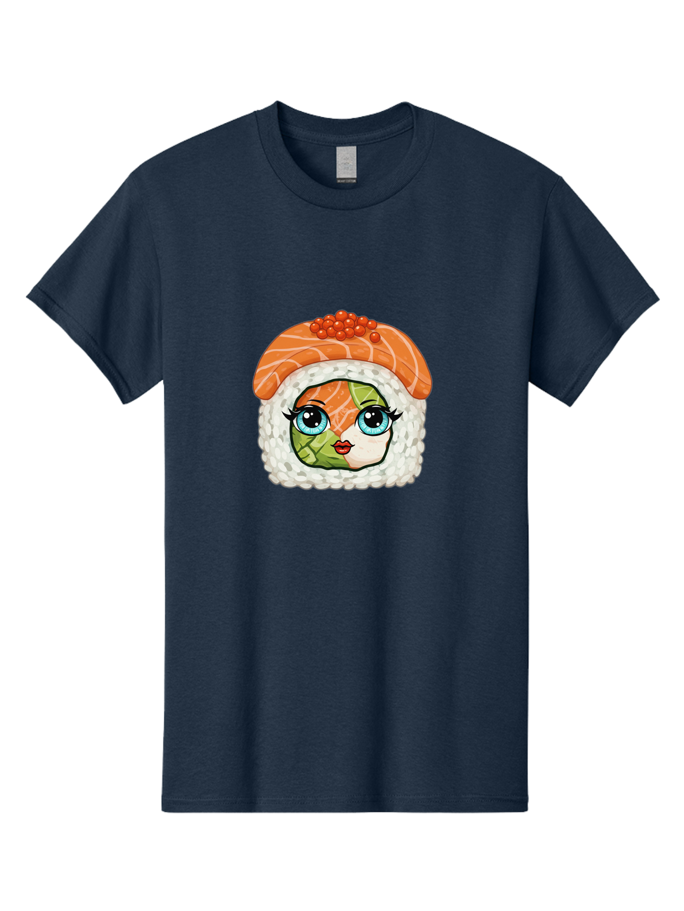 Sushi-Face Men'S Graphic Tee, 100% Cotton, Comfortable Casual Summer Wear, Machine Washable, Kawaii Sushi, Cartoon Sushi Roll, Sushi Art, Food Illustration, Sushi Character, Orange Salmon, Green Filling, Red Caviar, Blue Eyes, Cute Face Bad996