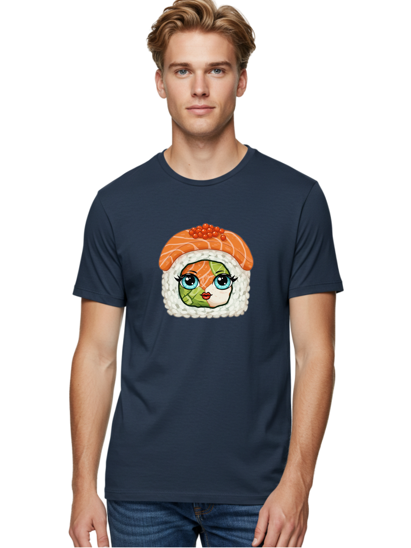 Sushi-Face Men'S Graphic Tee, 100% Cotton, Comfortable Casual Summer Wear, Machine Washable, Kawaii Sushi, Cartoon Sushi Roll, Sushi Art, Food Illustration, Sushi Character, Orange Salmon, Green Filling, Red Caviar, Blue Eyes, Cute Face Bad996