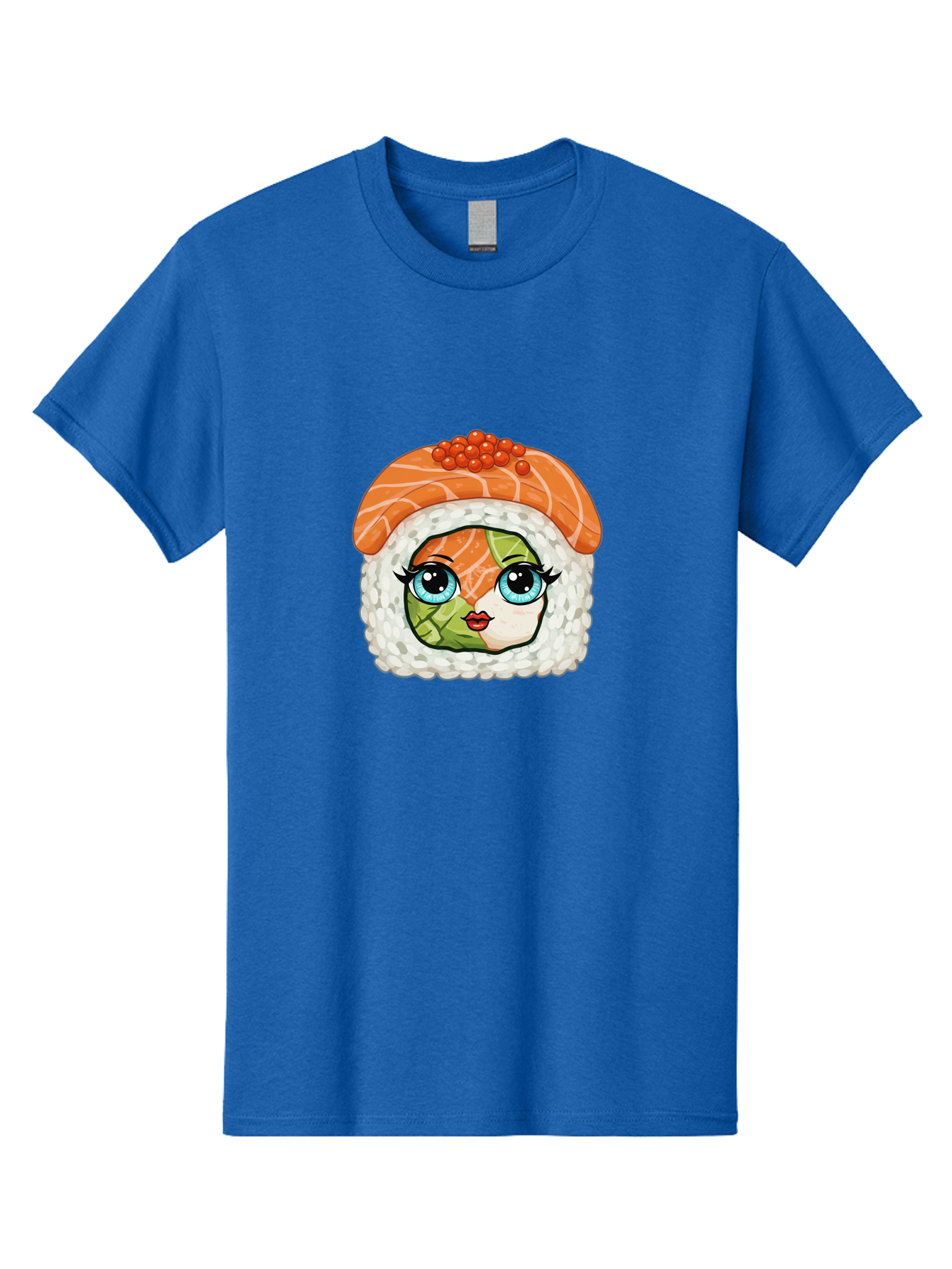 Sushi-Face Men'S Graphic Tee, 100% Cotton, Comfortable Casual Summer Wear, Machine Washable, Kawaii Sushi, Cartoon Sushi Roll, Sushi Art, Food Illustration, Sushi Character, Orange Salmon, Green Filling, Red Caviar, Blue Eyes, Cute Face Bad996