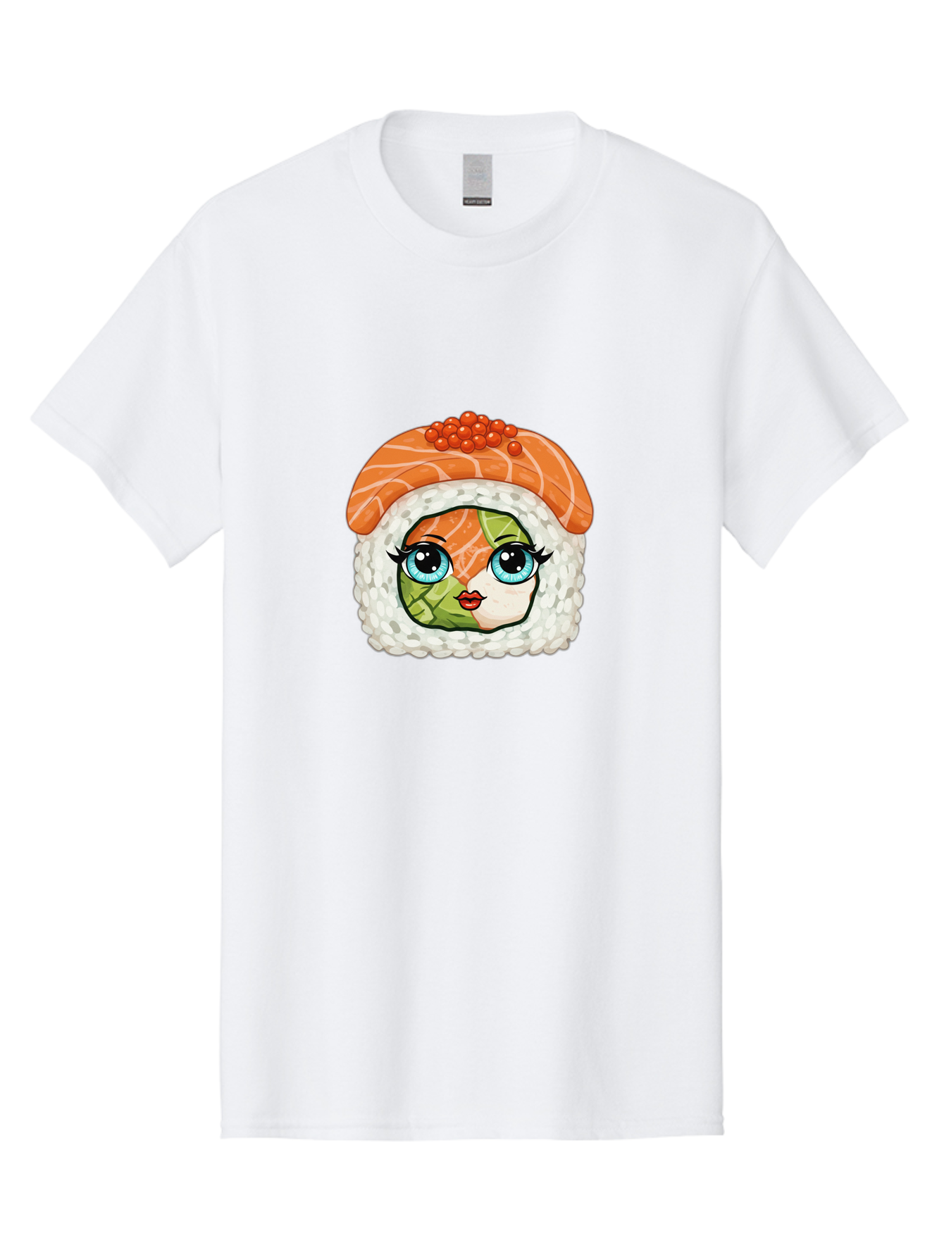 Sushi-Face Men'S Graphic Tee, 100% Cotton, Comfortable Casual Summer Wear, Machine Washable, Kawaii Sushi, Cartoon Sushi Roll, Sushi Art, Food Illustration, Sushi Character, Orange Salmon, Green Filling, Red Caviar, Blue Eyes, Cute Face Bad996