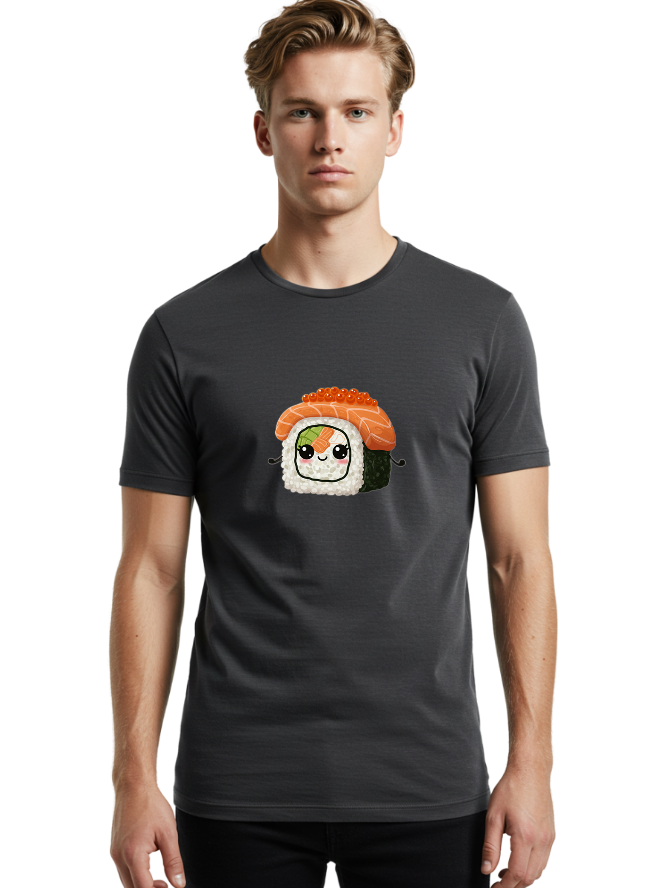 Sushi-Roll Men'S Graphic Tee, 100% Cotton, Comfortable Casual Summer Wear, Machine Washable, Kawaii Sushi Roll, Cartoon Sushi, Adorable Food, Sushi Character, Cute Anime Art, Foodie Illustrations, Mignardise, Orange Salmon, Sushi Love Bad999