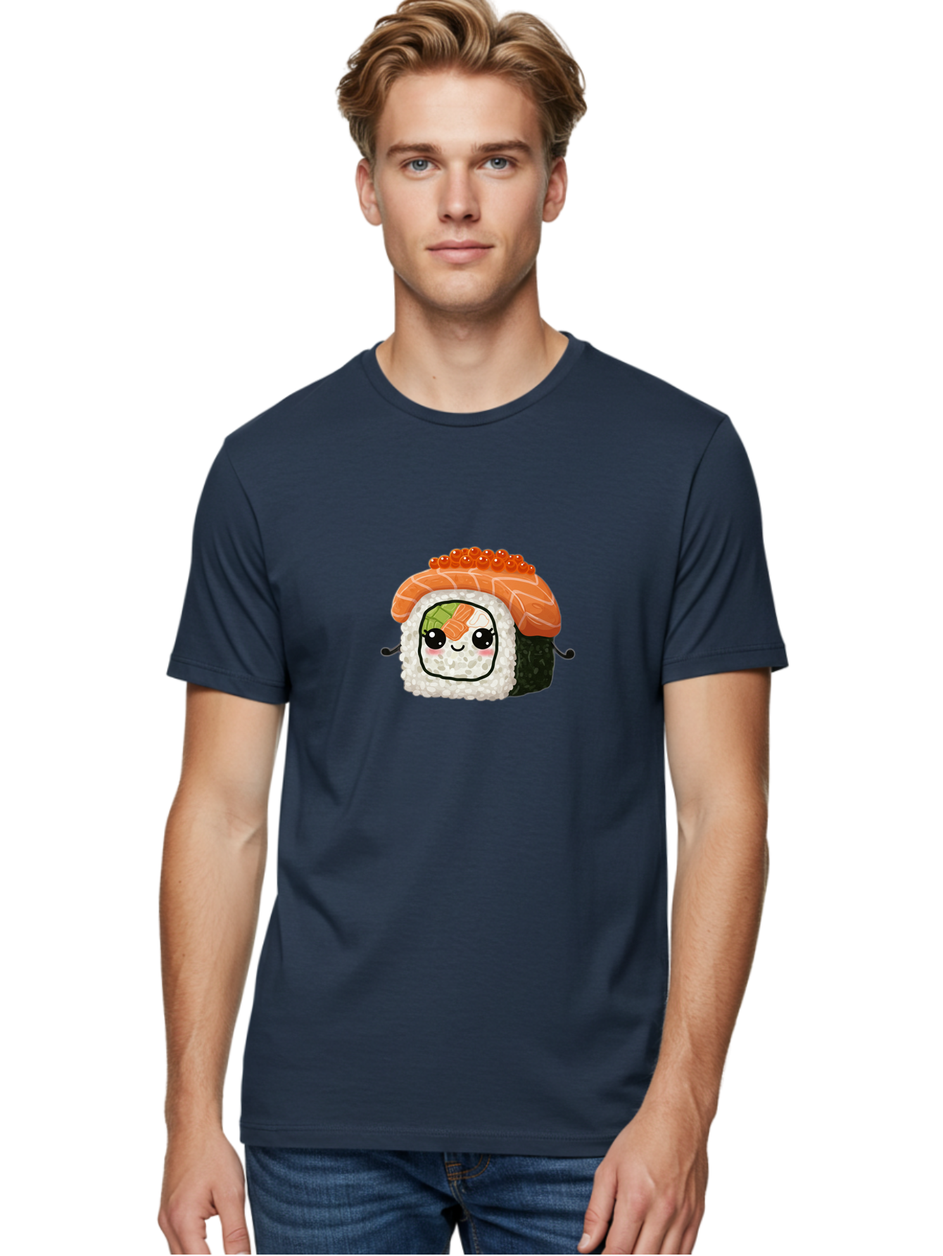 Sushi-Roll Men'S Graphic Tee, 100% Cotton, Comfortable Casual Summer Wear, Machine Washable, Kawaii Sushi Roll, Cartoon Sushi, Adorable Food, Sushi Character, Cute Anime Art, Foodie Illustrations, Mignardise, Orange Salmon, Sushi Love Bad999