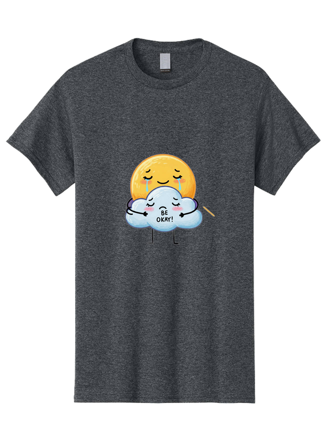Be-Okay Men'S Graphic Tee, 100% Cotton, Comfortable Casual Summer Wear, Machine Washable, Crying Sun, Cloud Hugging Sun, Emotional Support, Comforting Words, Positive Affirmation, Mental Health Awareness, Cute Cartoon Characters, Bae002