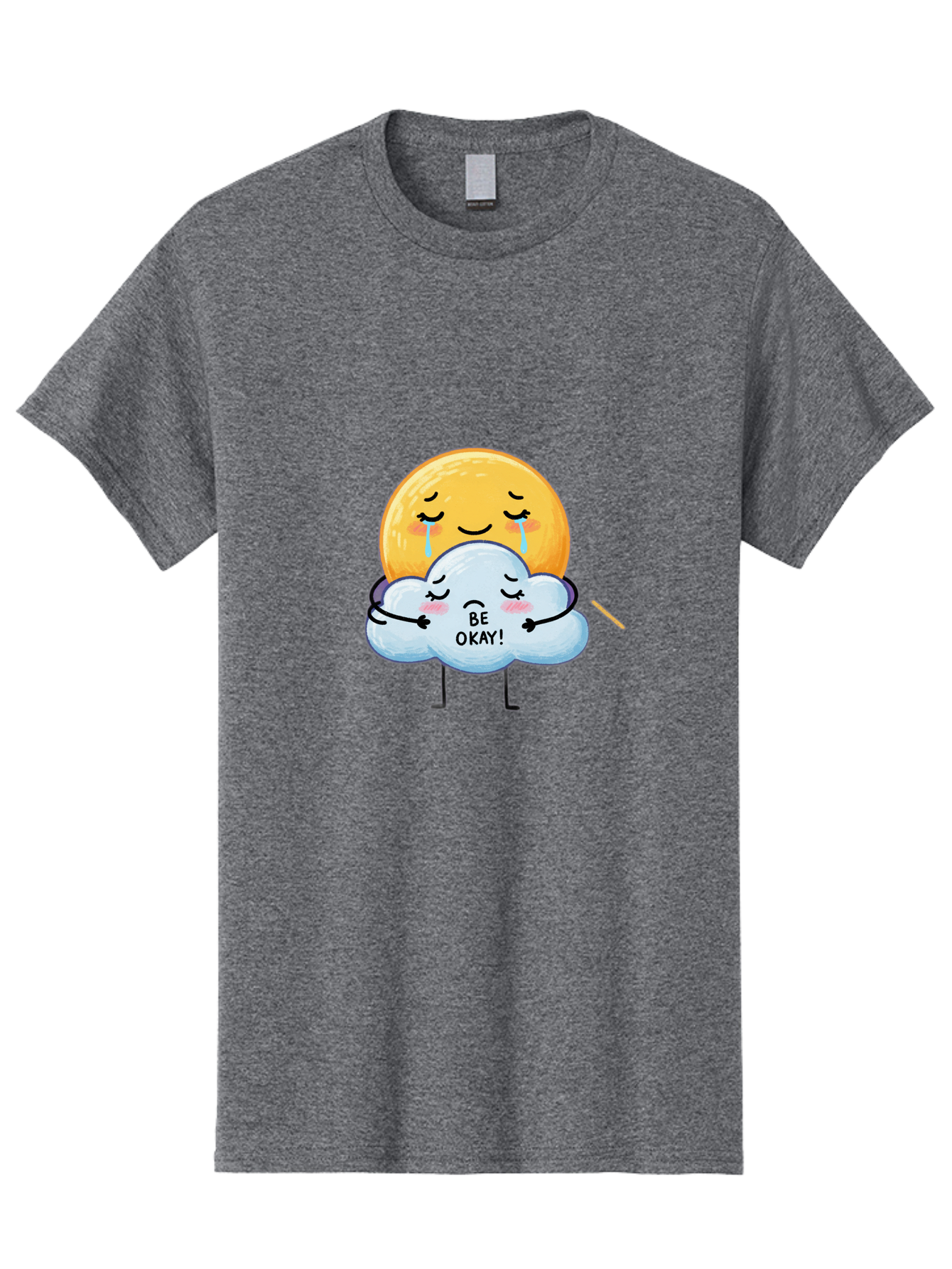 Be-Okay Men'S Graphic Tee, 100% Cotton, Comfortable Casual Summer Wear, Machine Washable, Crying Sun, Cloud Hugging Sun, Emotional Support, Comforting Words, Positive Affirmation, Mental Health Awareness, Cute Cartoon Characters, Bae002