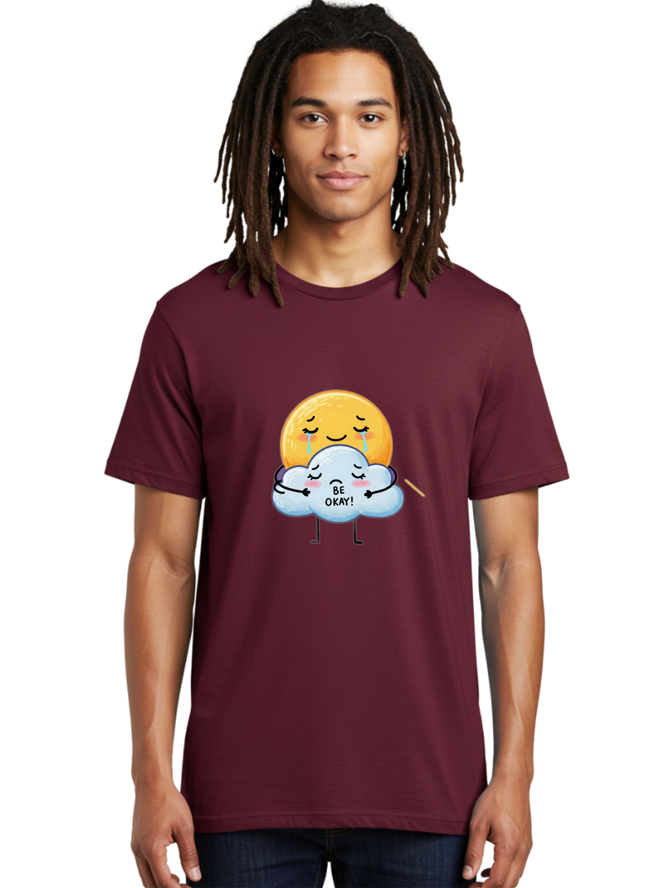 Be-Okay Men'S Graphic Tee, 100% Cotton, Comfortable Casual Summer Wear, Machine Washable, Crying Sun, Cloud Hugging Sun, Emotional Support, Comforting Words, Positive Affirmation, Mental Health Awareness, Cute Cartoon Characters, Bae002