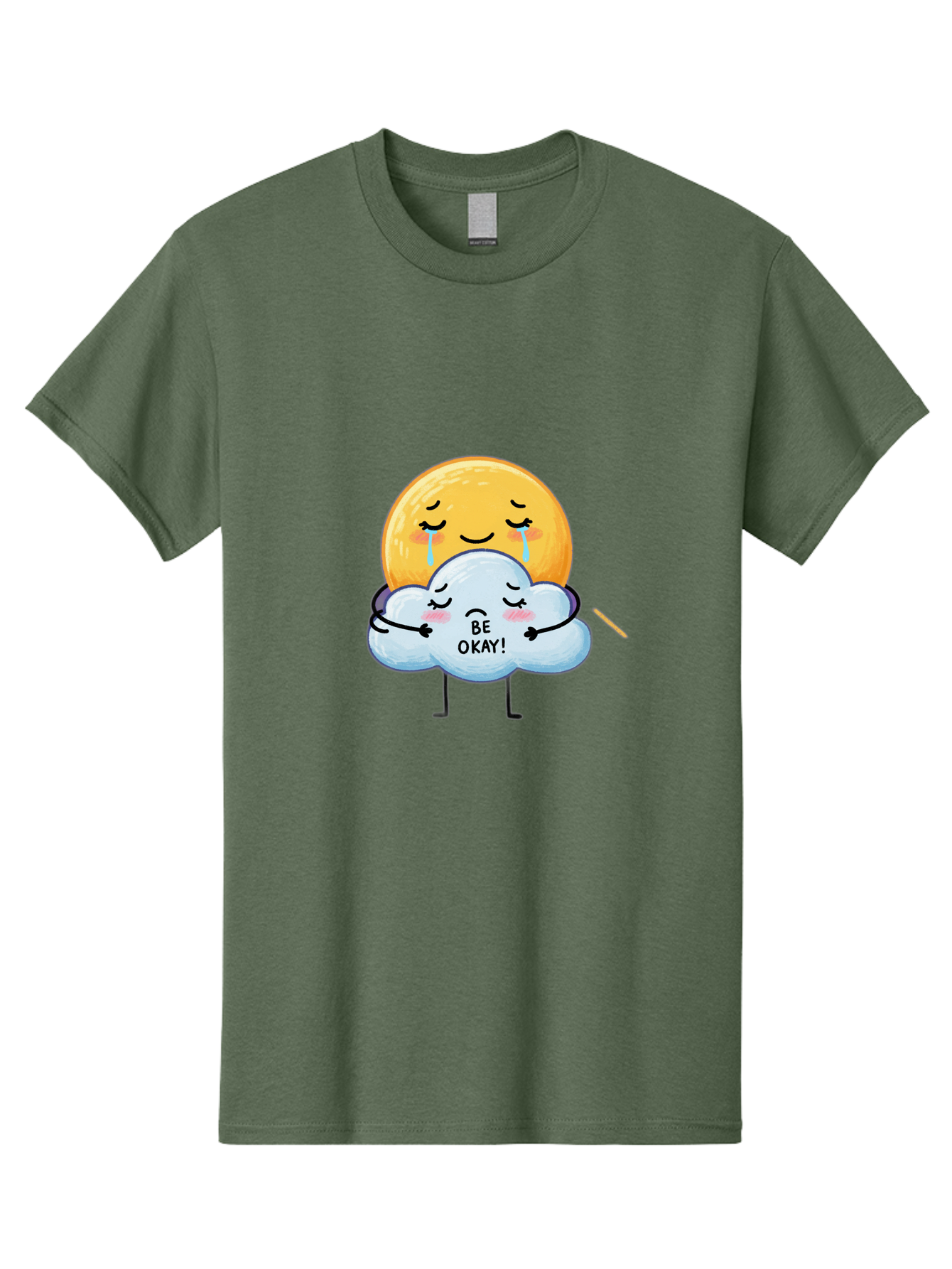 Be-Okay Men'S Graphic Tee, 100% Cotton, Comfortable Casual Summer Wear, Machine Washable, Crying Sun, Cloud Hugging Sun, Emotional Support, Comforting Words, Positive Affirmation, Mental Health Awareness, Cute Cartoon Characters, Bae002