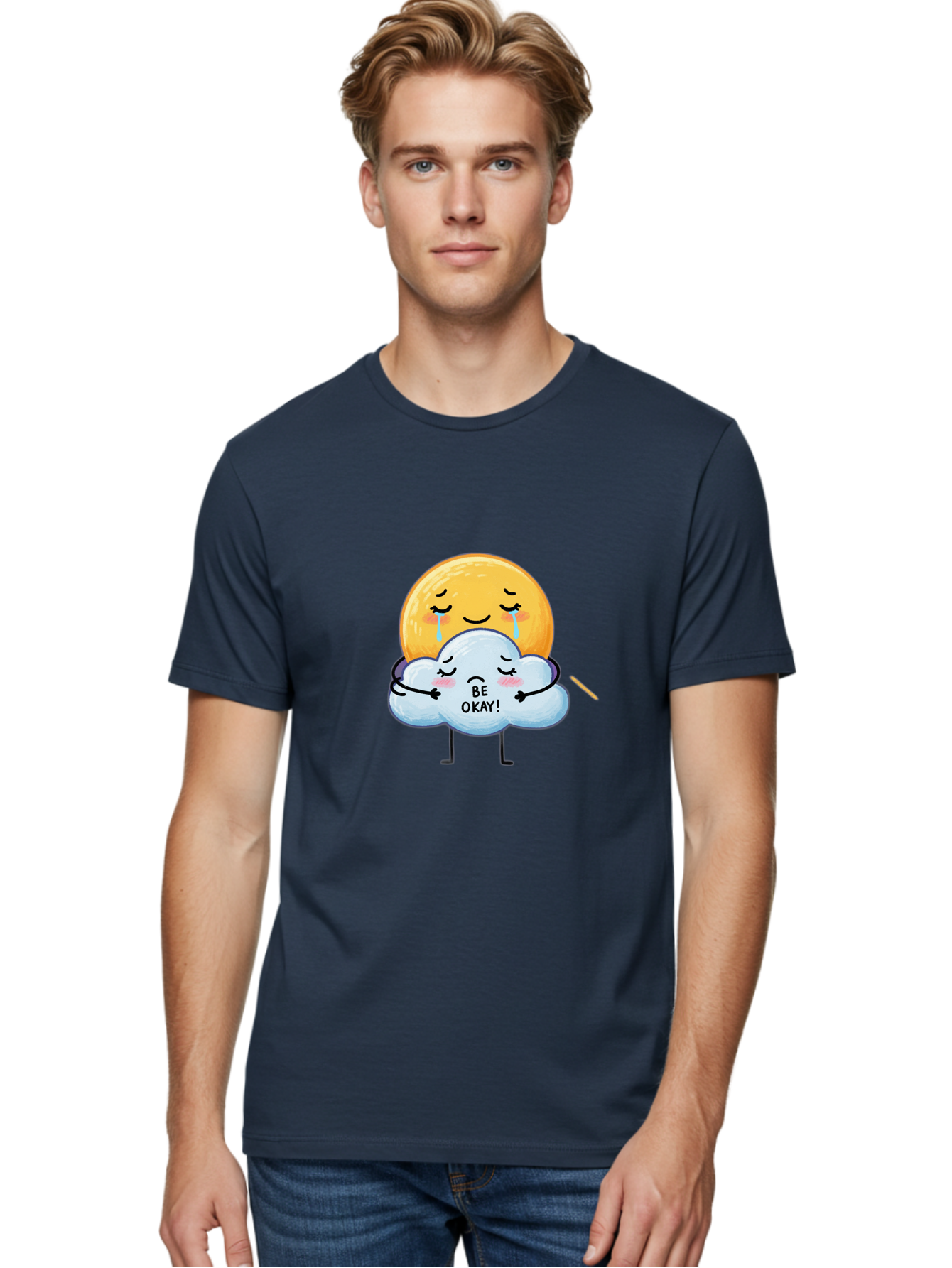 Be-Okay Men'S Graphic Tee, 100% Cotton, Comfortable Casual Summer Wear, Machine Washable, Crying Sun, Cloud Hugging Sun, Emotional Support, Comforting Words, Positive Affirmation, Mental Health Awareness, Cute Cartoon Characters, Bae002