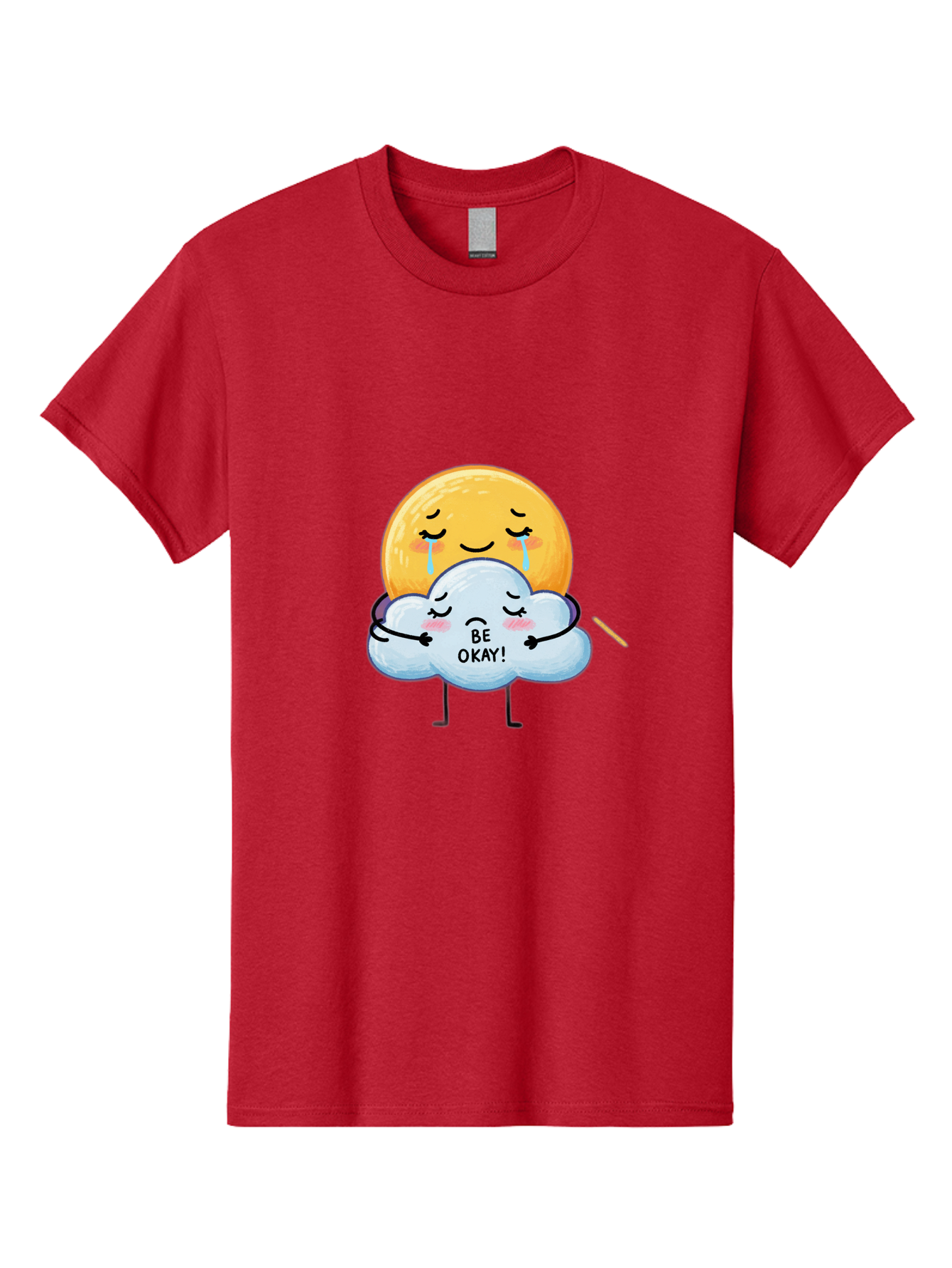 Be-Okay Men'S Graphic Tee, 100% Cotton, Comfortable Casual Summer Wear, Machine Washable, Crying Sun, Cloud Hugging Sun, Emotional Support, Comforting Words, Positive Affirmation, Mental Health Awareness, Cute Cartoon Characters, Bae002