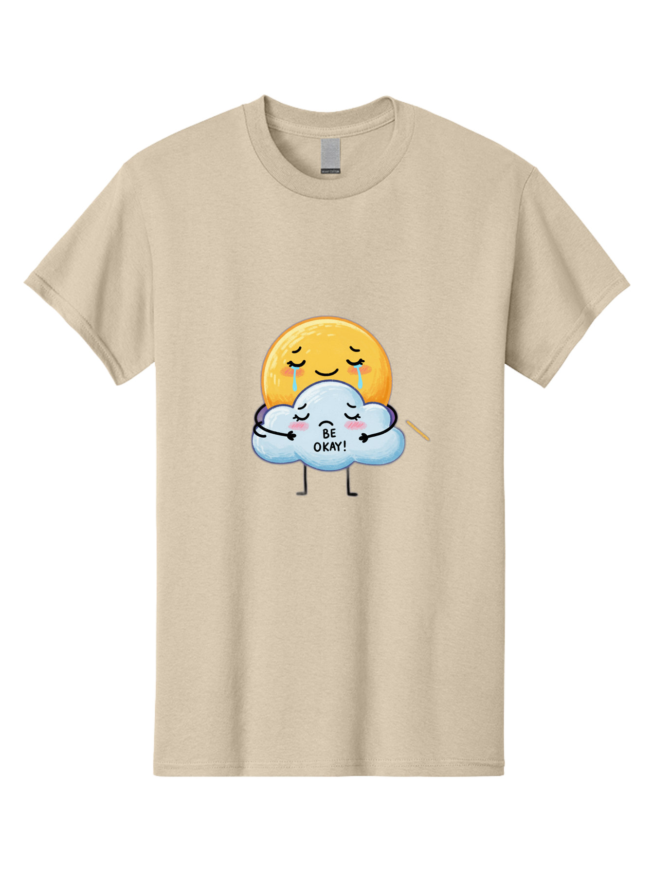 Be-Okay Men'S Graphic Tee, 100% Cotton, Comfortable Casual Summer Wear, Machine Washable, Crying Sun, Cloud Hugging Sun, Emotional Support, Comforting Words, Positive Affirmation, Mental Health Awareness, Cute Cartoon Characters, Bae002