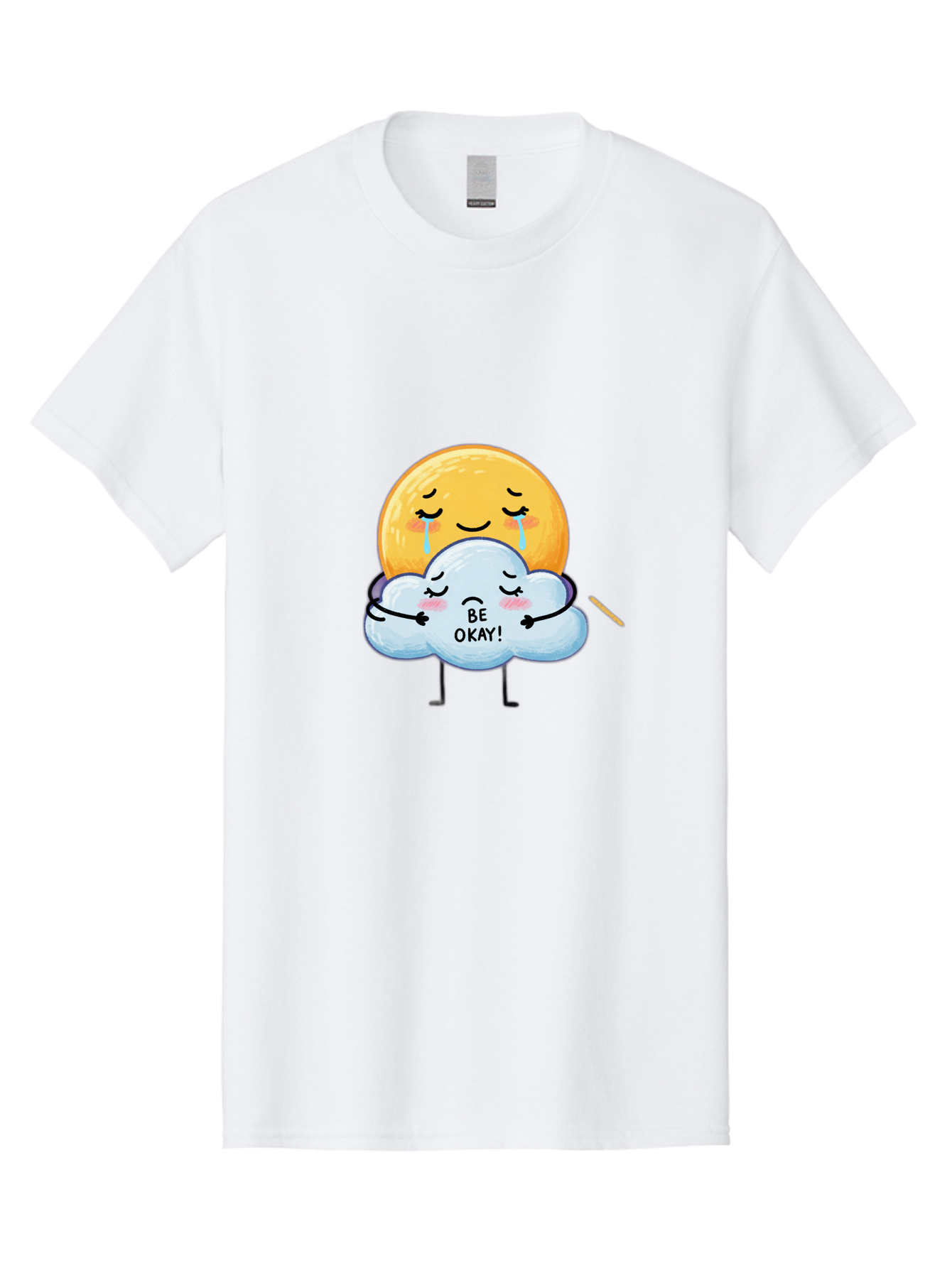 Be-Okay Men'S Graphic Tee, 100% Cotton, Comfortable Casual Summer Wear, Machine Washable, Crying Sun, Cloud Hugging Sun, Emotional Support, Comforting Words, Positive Affirmation, Mental Health Awareness, Cute Cartoon Characters, Bae002
