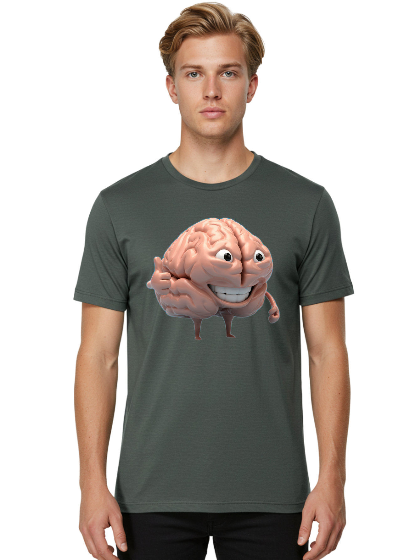 Brain-Character Men'S Graphic Tee, 100% Cotton, Comfortable Casual Summer Wear, Machine Washable, Human Brain, Cartoon Character, Thumbs Up, Smiling Face, Cognitive Function, Intelligence, Learning, Mental Power, Brain Power Bae003