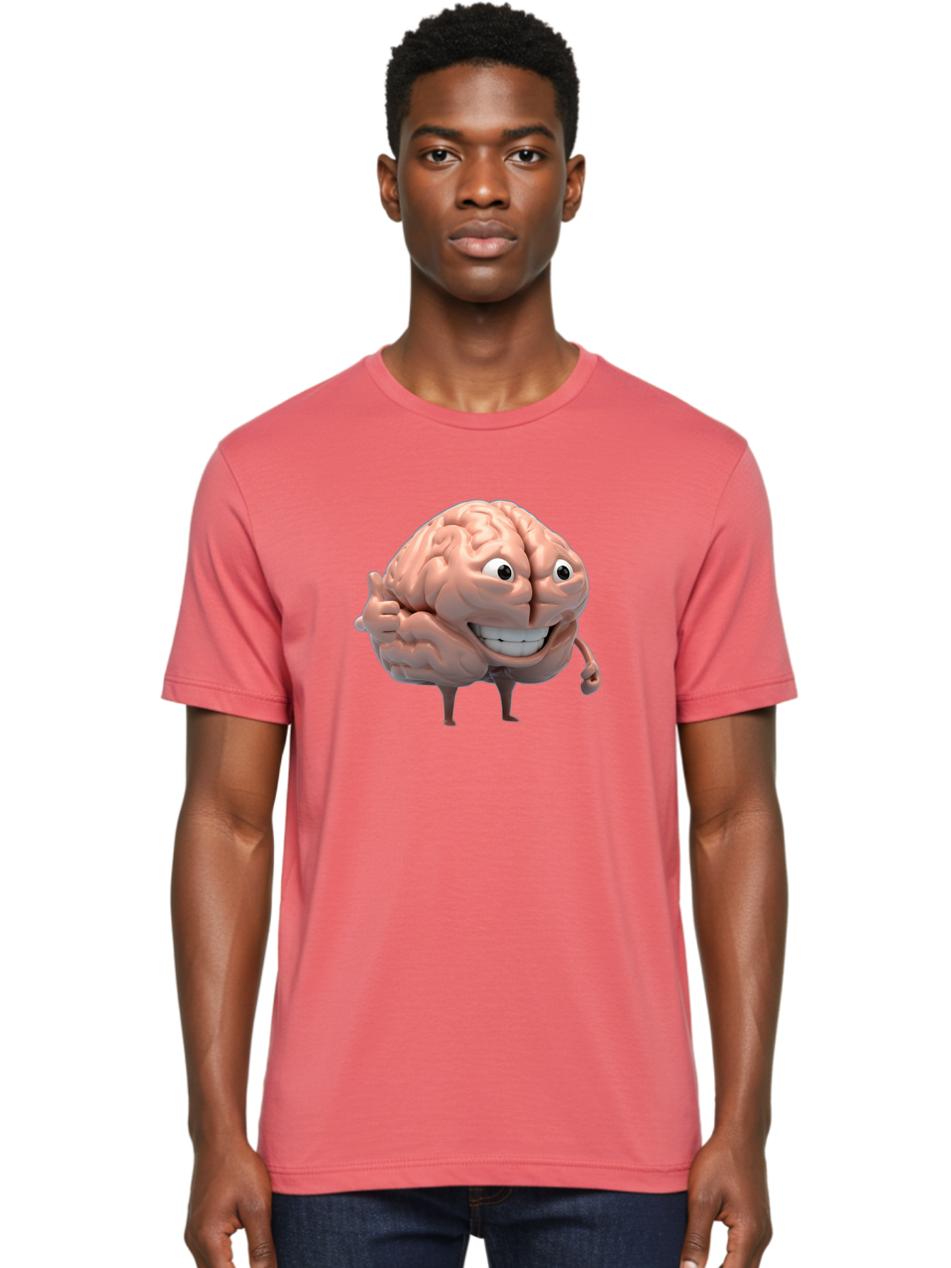 Brain-Character Men'S Graphic Tee, 100% Cotton, Comfortable Casual Summer Wear, Machine Washable, Human Brain, Cartoon Character, Thumbs Up, Smiling Face, Cognitive Function, Intelligence, Learning, Mental Power, Brain Power Bae003