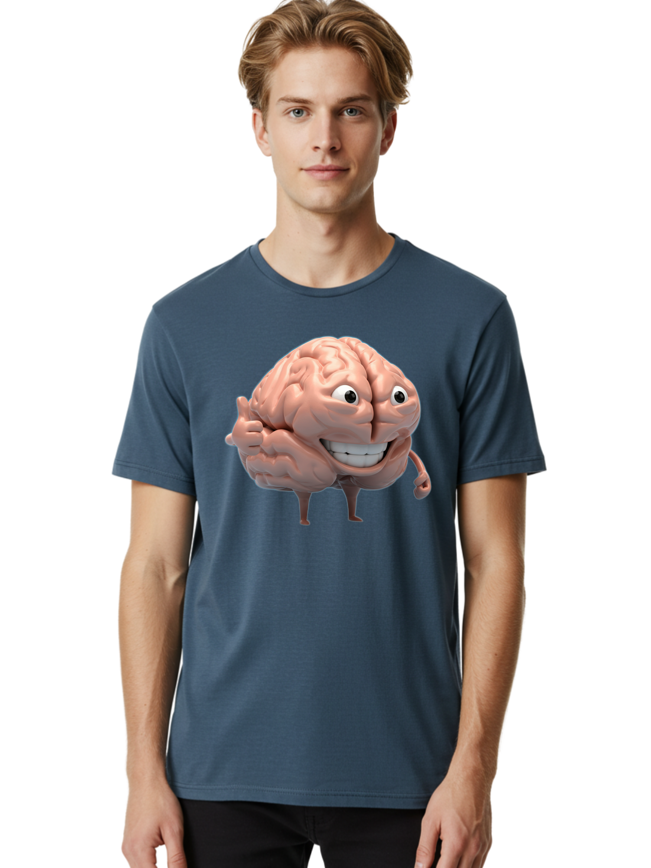 Brain-Character Men'S Graphic Tee, 100% Cotton, Comfortable Casual Summer Wear, Machine Washable, Human Brain, Cartoon Character, Thumbs Up, Smiling Face, Cognitive Function, Intelligence, Learning, Mental Power, Brain Power Bae003